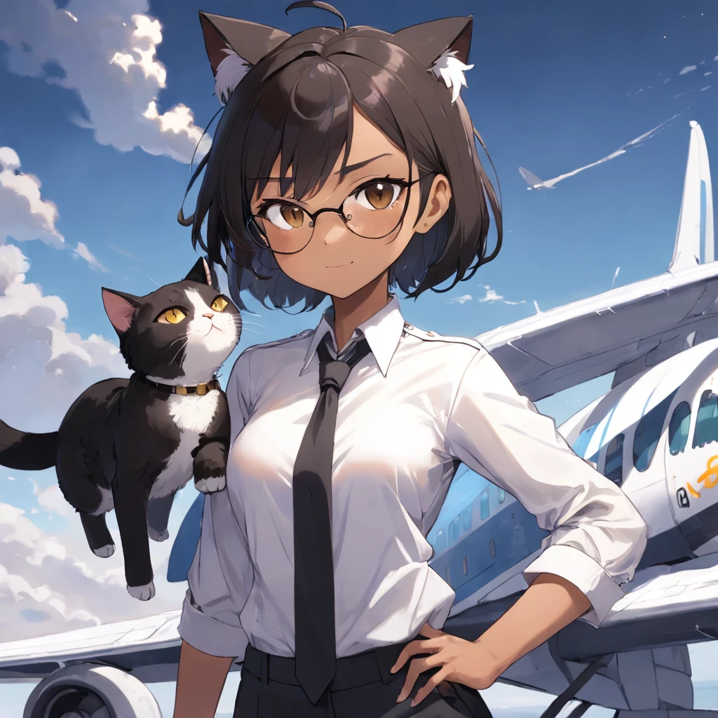 1girl in, short black bob hair, Yellow eyes, Round glasses, skin tanned,Dark skin ,Brown skin, She has light brown skin, petite body, Wearing a plain white formal work shirt, Wear long black pants, business tie, absurderes, hight resolution, ultrasharp, 8K, masutepiece, Looking at Viewer, Cat ears, Airline Pilot Uniforms, Airline pilots have, White background, Short sleeve, Bangs, flat chest, whiskers, androgyny, She has cat ears on her head, She has cat teeth, Cloudy background, Holding your pet black cat, Smiling, Large round glasses, No planes, Airplane cabin background, Wearing a choker around the neck