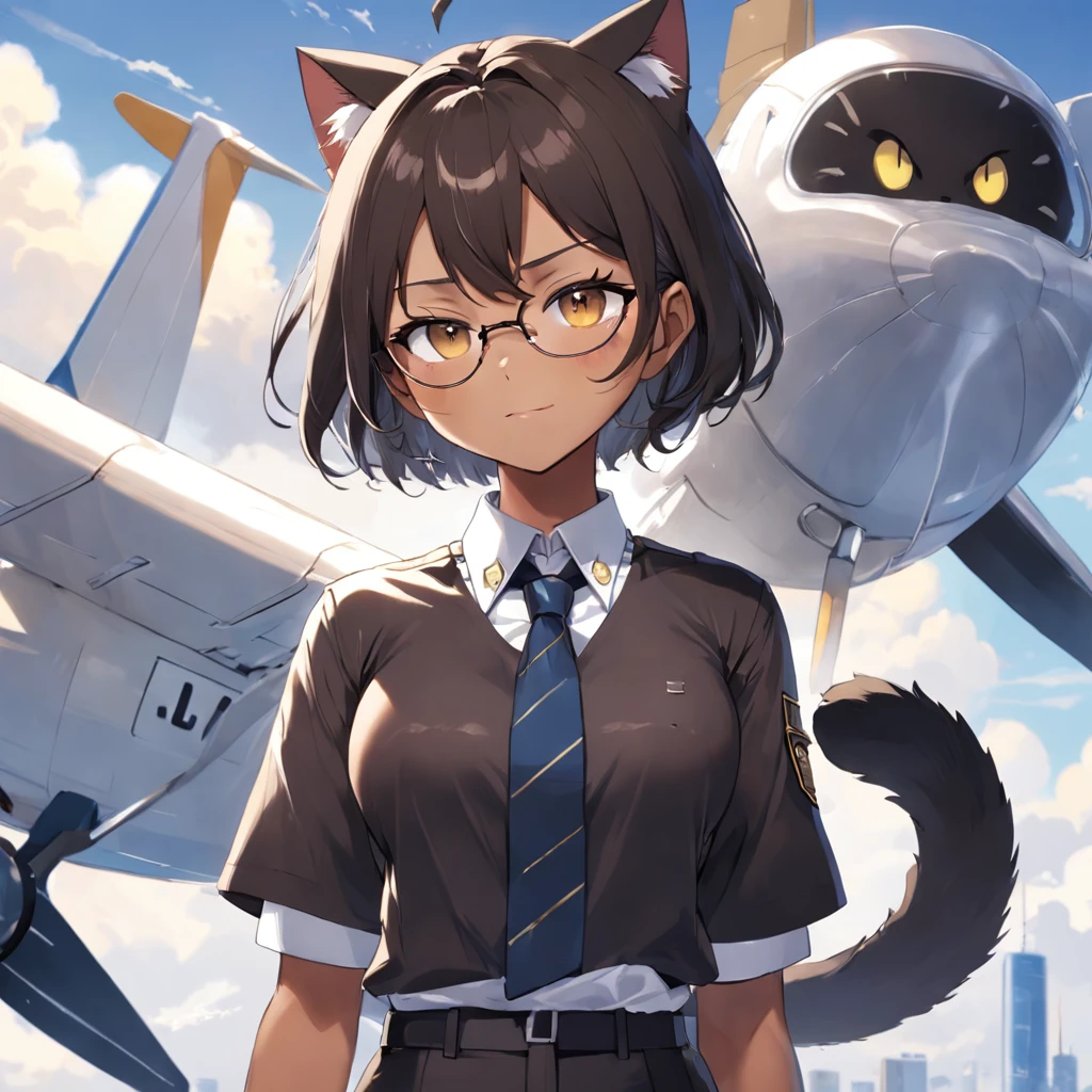 1girl in, short black bob hair, Yellow eyes, Round glasses, skin tanned,Dark skin ,Brown skin, She has light brown skin, petite body, Wearing a plain white formal work shirt, Wear long black pants, business tie, absurderes, hight resolution, ultrasharp, 8K, masutepiece, Looking at Viewer, Cat ears, Airline Pilot Uniforms, Airline pilots have, White background, Short sleeve, Bangs, flat chest, whiskers, androgyny, She has cat ears on her head, She has cat teeth, Cloudy background, Holding your pet black cat, Smiling, Large round glasses, No planes, Airplane cabin background, Wearing a choker around the neck