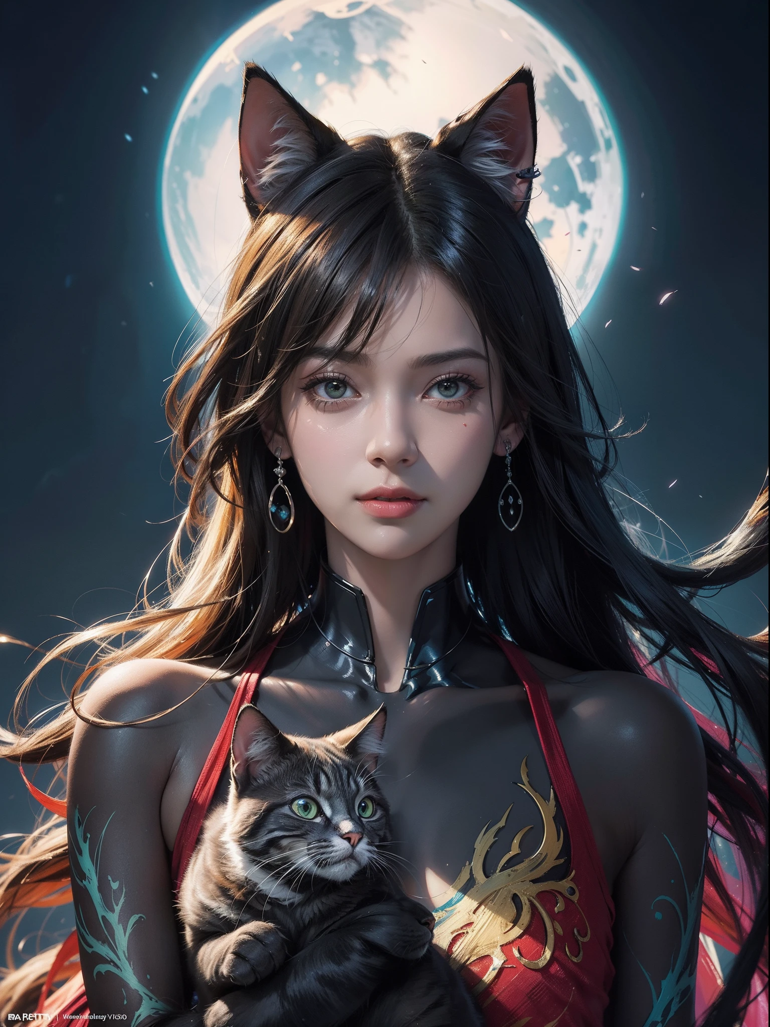 Colorful beautiful woman with cat ears : Black ink flow: 8k resolution photorealistic masterpiece: by Aaron Horkey and Jeremy Mann: intricately detailed fluid gouache painting: by Jean Baptiste Mongue: calligraphy: acrylic: watercolor art, professional photography, natural lighting, volumetric lighting maximalist photoillustration: by marton bobzert: 8k resolution concept art intricately detailed, complex, elegant, expansive, fantastical, short hair, updo, bloody-red eyes, red eyes, ironic smile, portrait , half turned