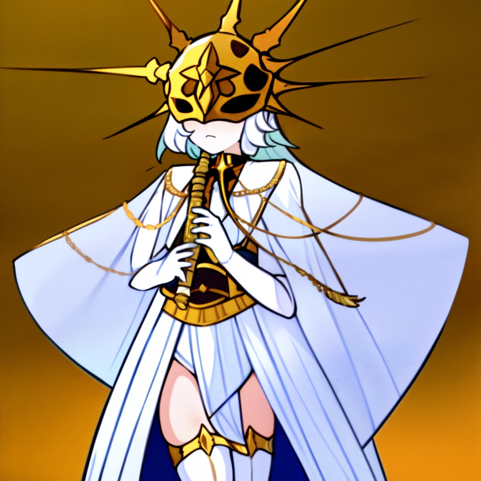 Gywndolin, white hair, androgynous, 1boy, male, femboy, flat-chested, GwyRob, white thighhighs, gold mask, covered eyes, gold jewelry, white elbow gloves, white dress, green snakes, white veil, perfect anatomy, solo, kyoufuu all-back, flute