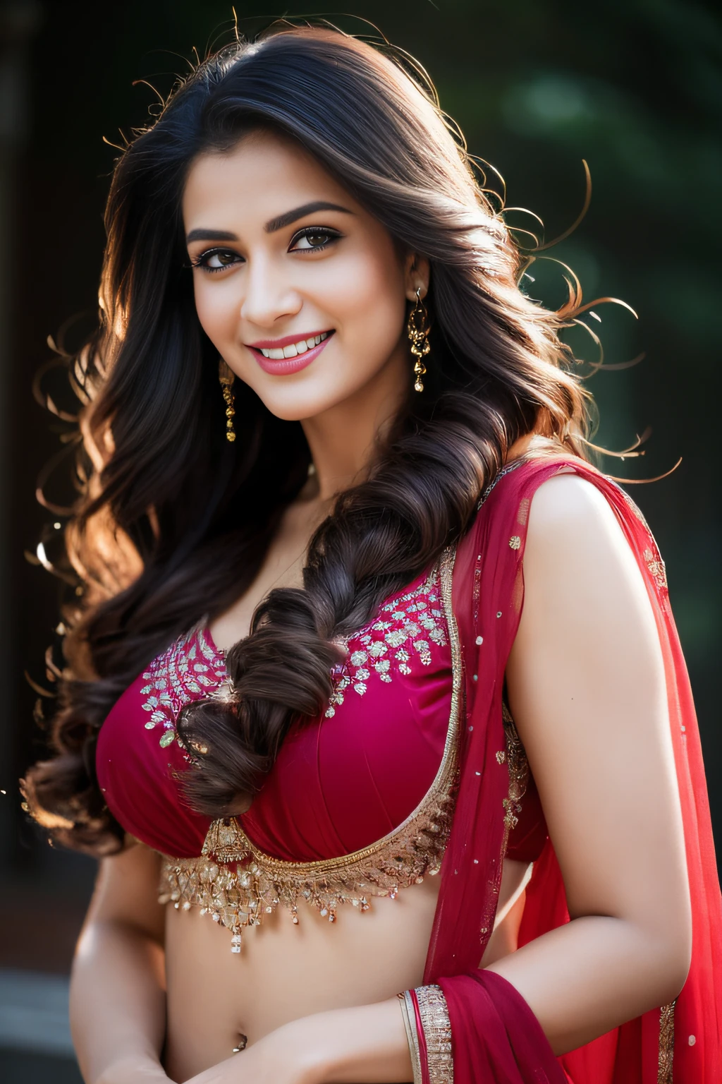 Portrait of A confident-looking indian woman with long flowing hair, hazel eyes, with flowing capes and saree, smiling, perfect composition, hyperrealistic, super detailed, 8k, high quality, trending art, trending on artstation, sharp focus, outdoor rainy season photo, intricate details, highly detailed, art by greg rutkowski