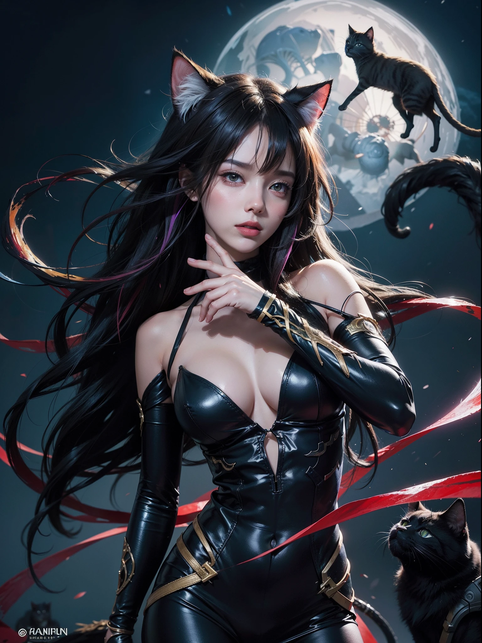 vibrant colours, group of cats, huge marvel style scene art by Carne Griffiths and Wadim ashin, abstract beauty, centered, looking at the camera, approaching perfection, dynamic, moonlight, highly detailed, oil painting, artstation, concept art, smooth, sharp focus, illustration, white background