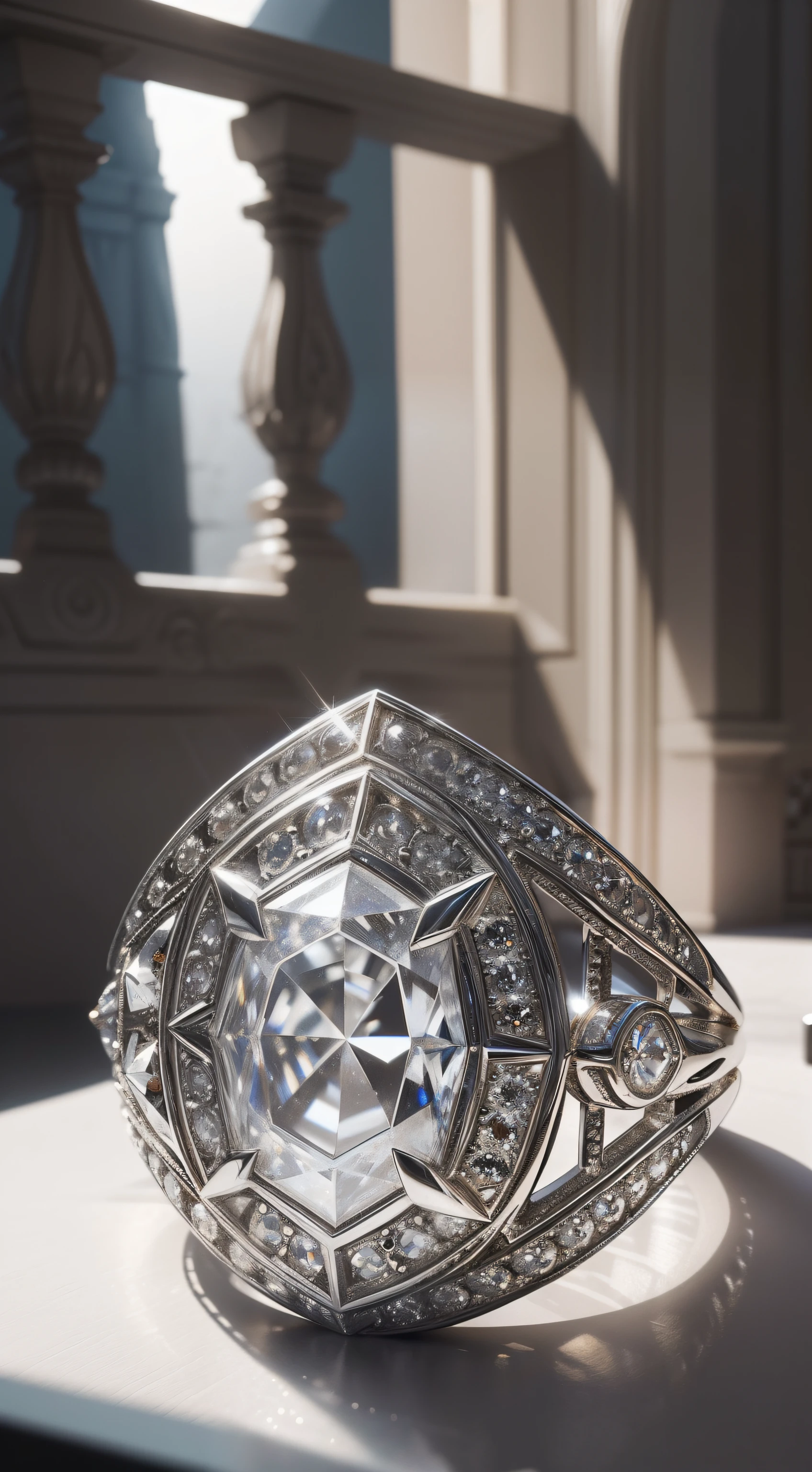 Dazzling ring,Close-up of details,(The entire ring must appear intact in the drawing:1.3),Finely cut pyramid-shaped crystal diamond,African blood diamonds,(Silver-white silver setting:1.3),(Very detailed diamond structure),(Exquisite diamonds),Silvery-white sparkling,The ring is engraved with ancient and delicate mysterious patterns,(The ring is depicted in detail),Dazzling light,Elevation viewing angle,In the background is a luxurious medieval bedroom,The bedroom has a layered depth of field effect(light and shadow effect),(Depth of field effect),(Tyndall),(Light particle tracing),(CG),(Cinematic lighting visuals),(Volumetriclighting),(Unreal 5),(cinema4d),(vivd colour),(Obvious layers),(Photography Award),(8k wallpaper),(Masterpiece),(best qualtiy), photorealestic,realisticlying