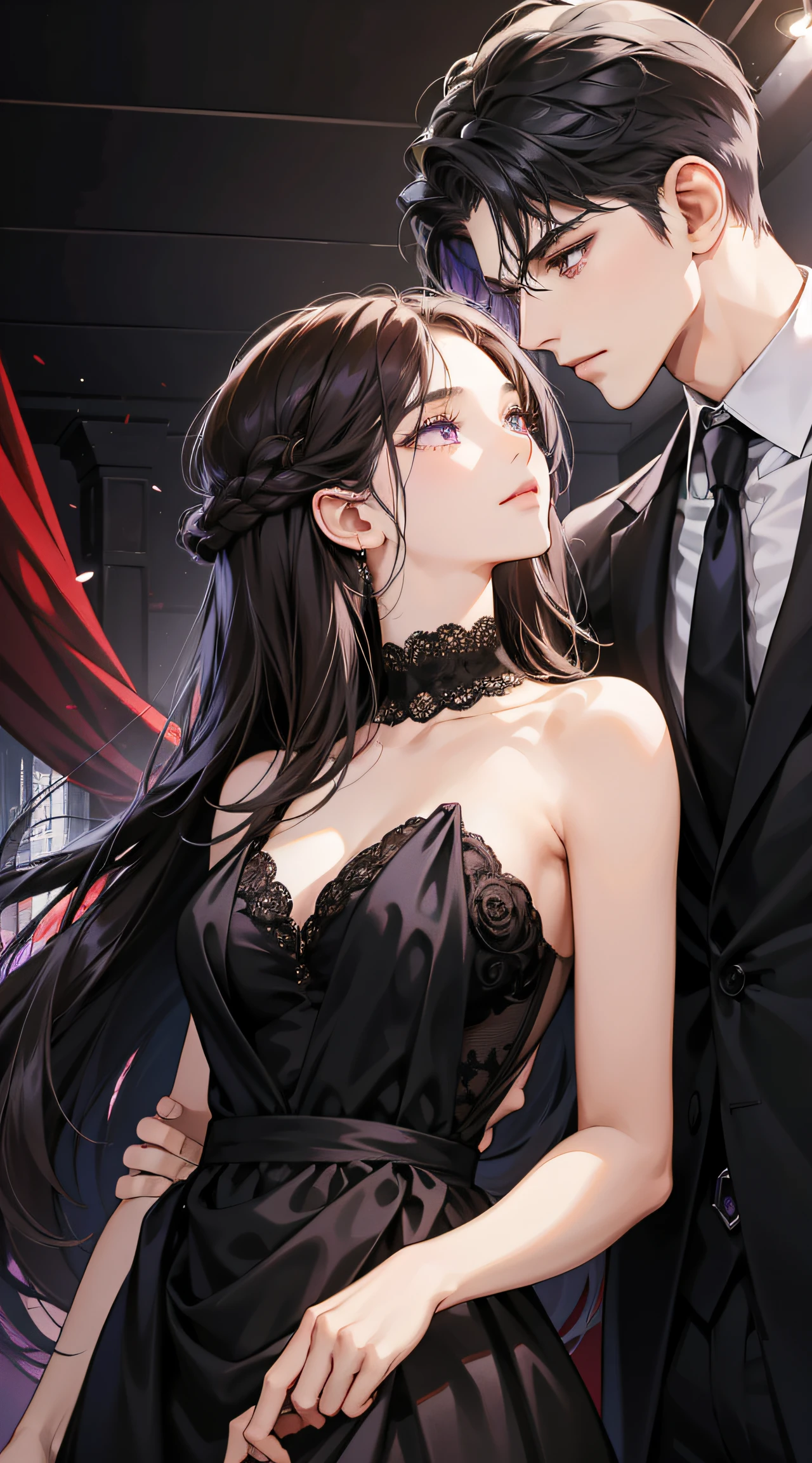 Couple, 1 girl 1 boy, different hair color, long black hair and purple eyes, short brown hair and grey eyes, romance, black suite, black dress, UK, luxury room background, face to face, romantic