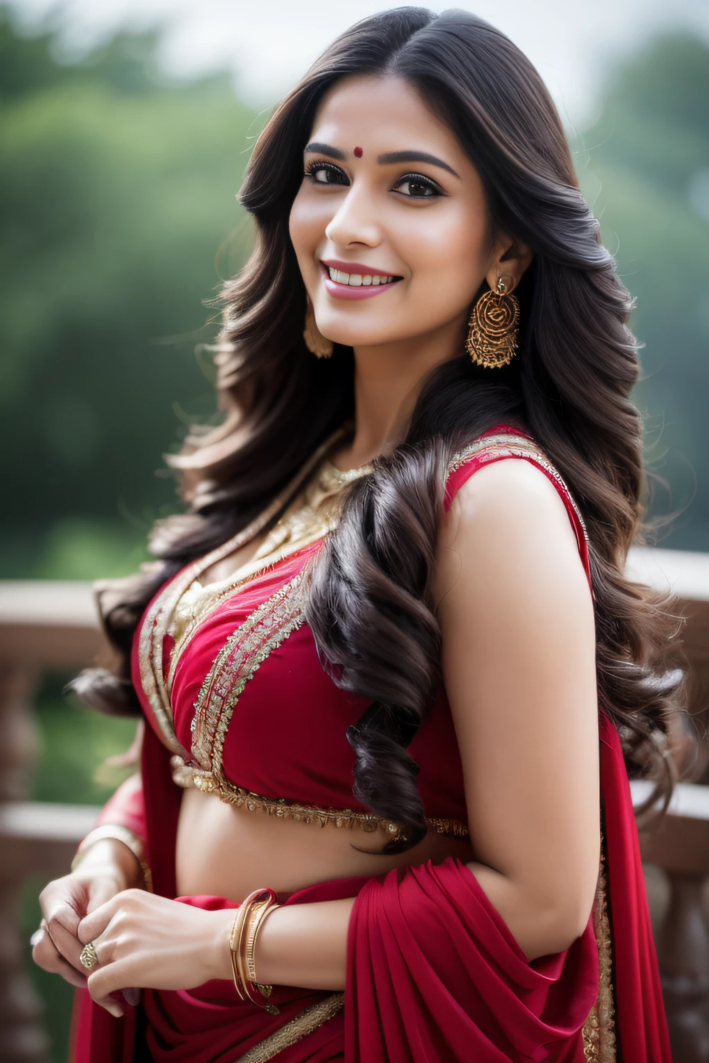 Portrait of A confident-looking indian woman with long flowing hair, hazel eyes, with flowing capes and saree, smiling, perfect composition, hyperrealistic, super detailed, 8k, high quality, trending art, trending on artstation, sharp focus, outdoor rainy season photo, intricate details, highly detailed, art by greg rutkowski