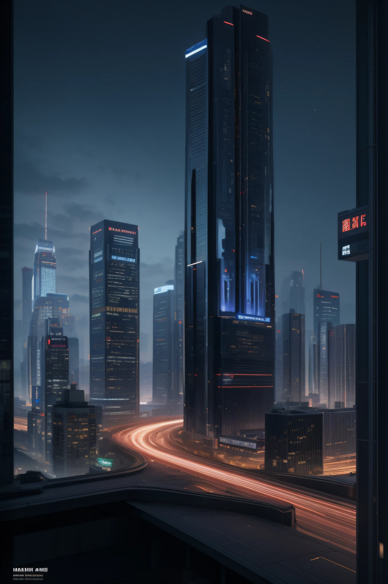 poster for，ultra-realistic realism，future-tech，Buildings，Heavy traffic，the detail，high qulity，the number，8K,the night，Overlooking