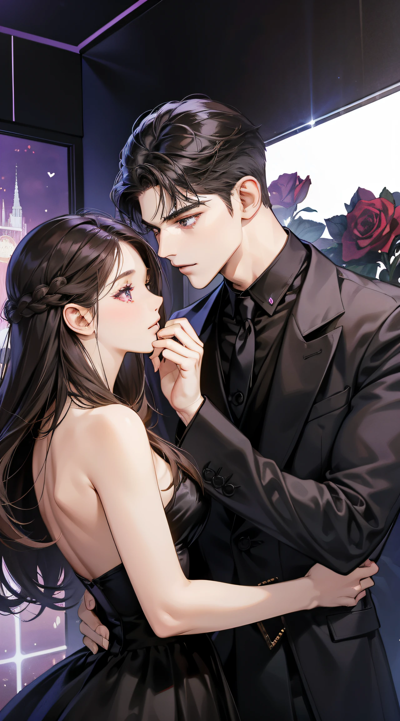 Couple, 1 girl 1 boy, different hair color, long black hair and purple eyes, short brown hair and grey eyes, romance, black suite, black dress, UK, luxury room background, face to face, romantic