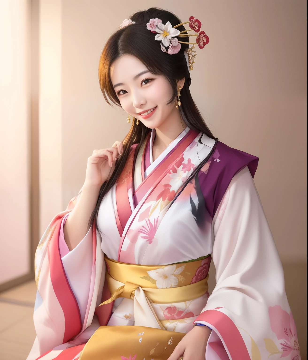 Smiling woman in kimono dress