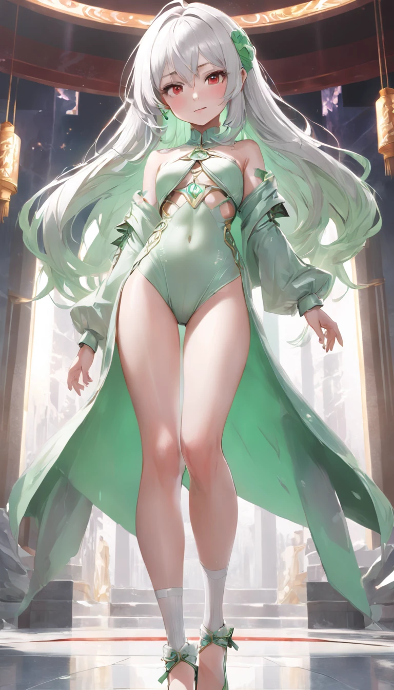 (Dynamic angle:1.4), ((Full body posing:1.5), (colorful:1.2), (extremely detailed CG unity 16k wallpaper:1.1), (Denoising strength: 1.45), (tmasterpiece:1.37), ((official art)), top quality, Representative work, high-rise, beautiful face, (creamy white skin, fair skin, shiny skin, real skin: 1.1), (thin legs, thin waist, smile, shyness, panoramic, white hair, standing posture, palace, palace: 1.1), (representative work, highest quality, official art, beauty and aesthetics: 1.2), (1 girl: 1.3), (fractal art: 1.3). Looking at the viewer, (naked back: 1.3), Light green loose pants, green pants, red shoes, shoes, color tone, white socks, (white decorative pommel on the upper: 1.3) white decoration_ Fluff_ Balls are on the shoes Lora: diaochan v2:0.9>. 1 girl, standing, walking along, dark, sad, stone, natural, (blue: 1.2), (large surface color: 1) (sketch geometry: 1) red clothes, (masterpiece), (masterpiece), best quality