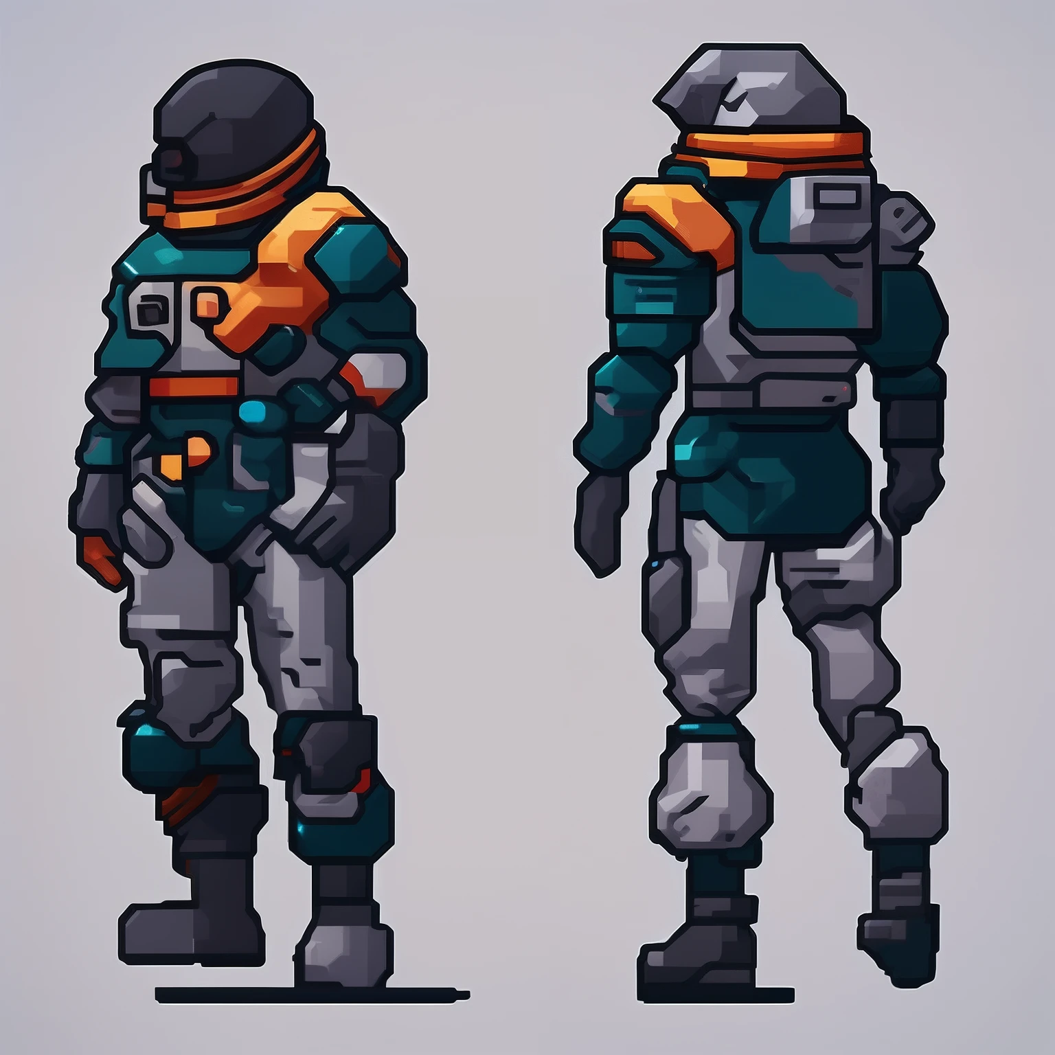 A set of character movement sprites for a video game, Top-down 2D space adventure shooter, Explore space and fight against space pirates. whitebackground, frontal view, side-view, seen from behind.