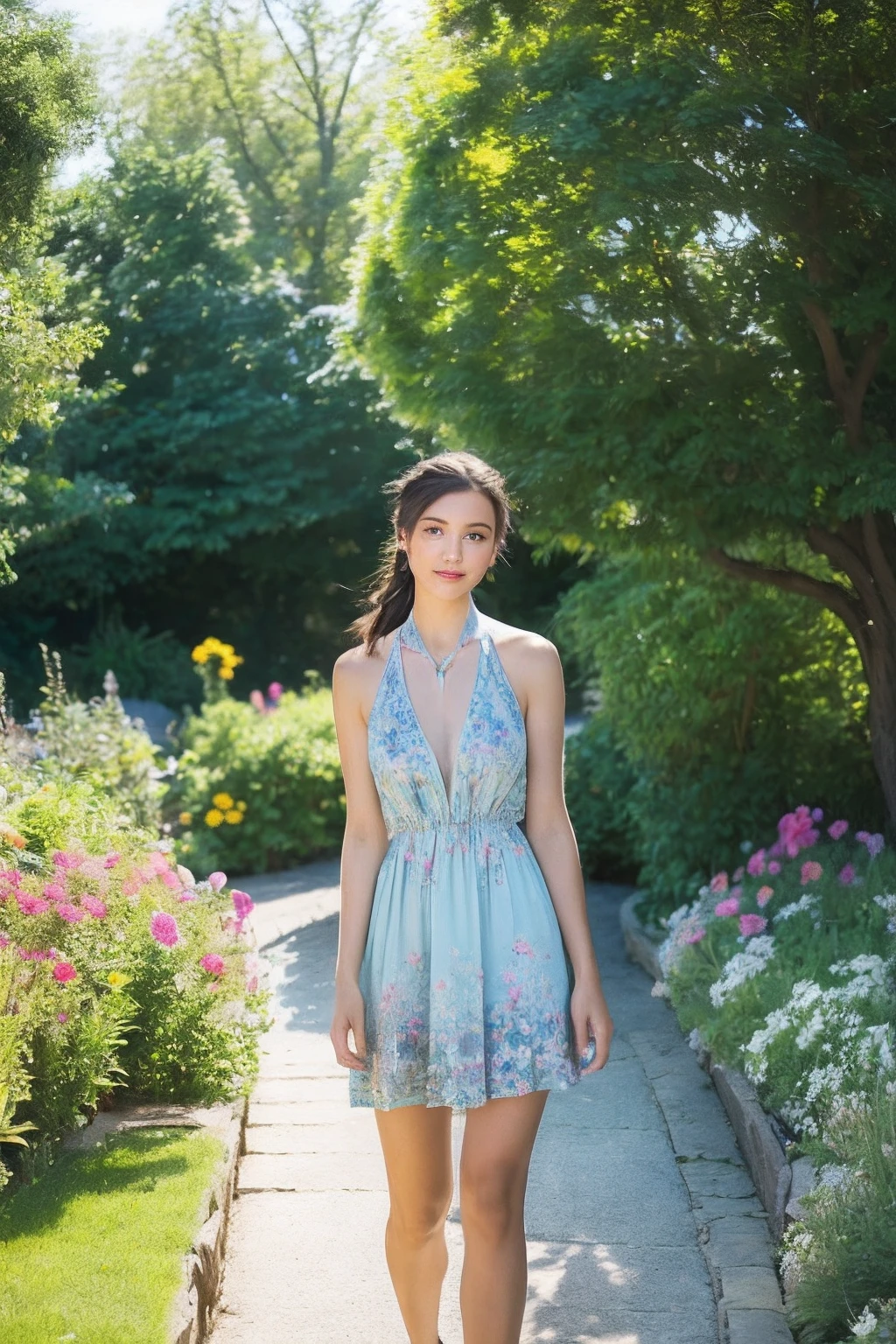 woman, view the viewer, French braided hair , flower halter dress, cleavage, Garden landscape design, (rim-light)