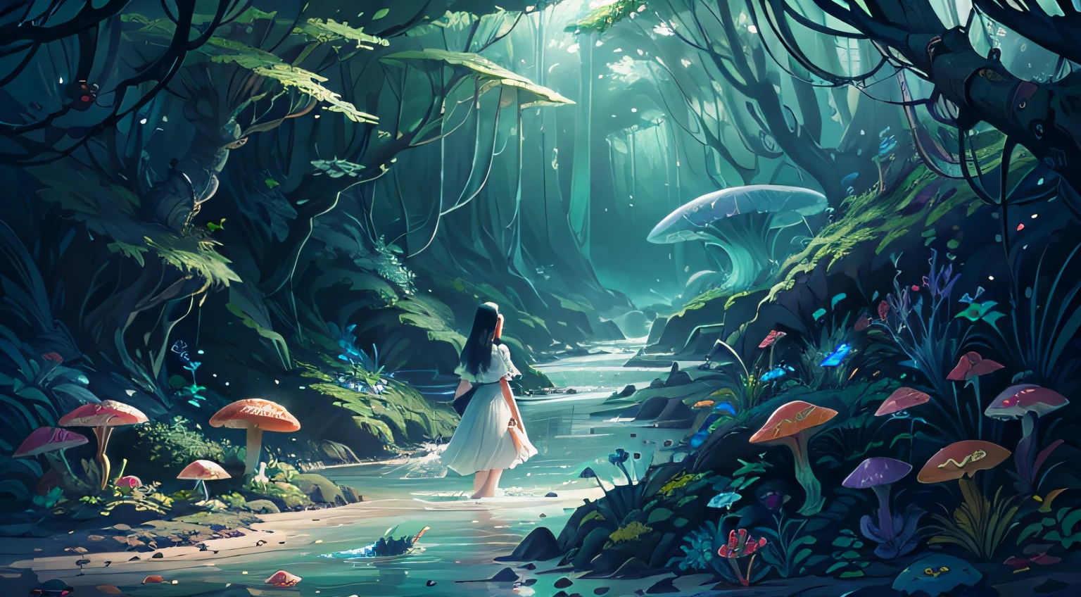 jellyfishforest, 1girll, mushroom, long whitr hair, scenery, White dress, Solo, Nature, Eau, wading, exteriors，tree,,Black hair, fantasy, ln the forest，（jelly fish），beautiful jungle，waterfallr，the trees，mistic