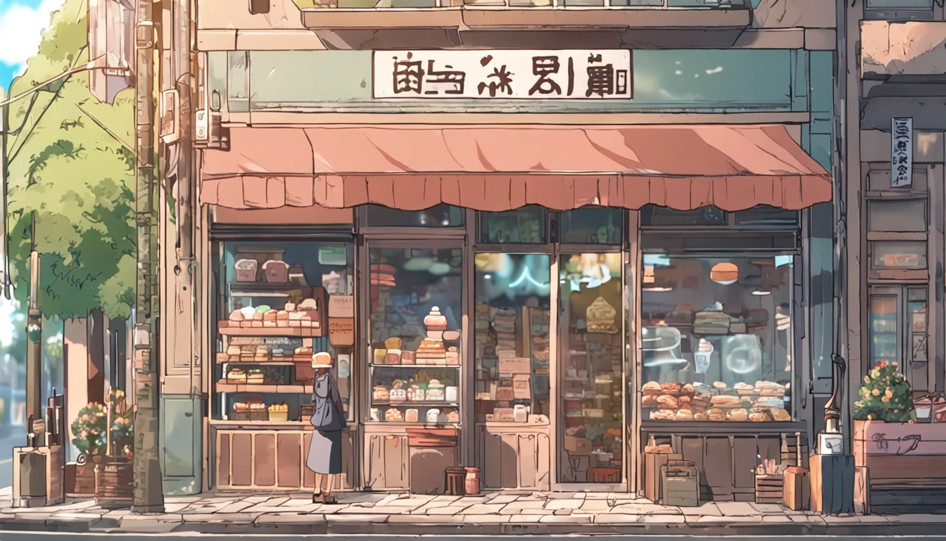 Anime - City street style scene, a woman waiting in front of a store, anime background art, detailed scenery - width 672, anime landscape concept art, anime style cityscape, Studio Ghibli anime style, Studio Ghibli art style, Studio Ghibli program, anime landscape, Studio Ghibli art style, Landscape artwork, Beautiful anime landscape, Forest city street, Ghibli art style, cake shop, cake shop, bakery cake shop, Makoto Shinkai style, Makoto Shinkai anime, Shinkai Makoto art style