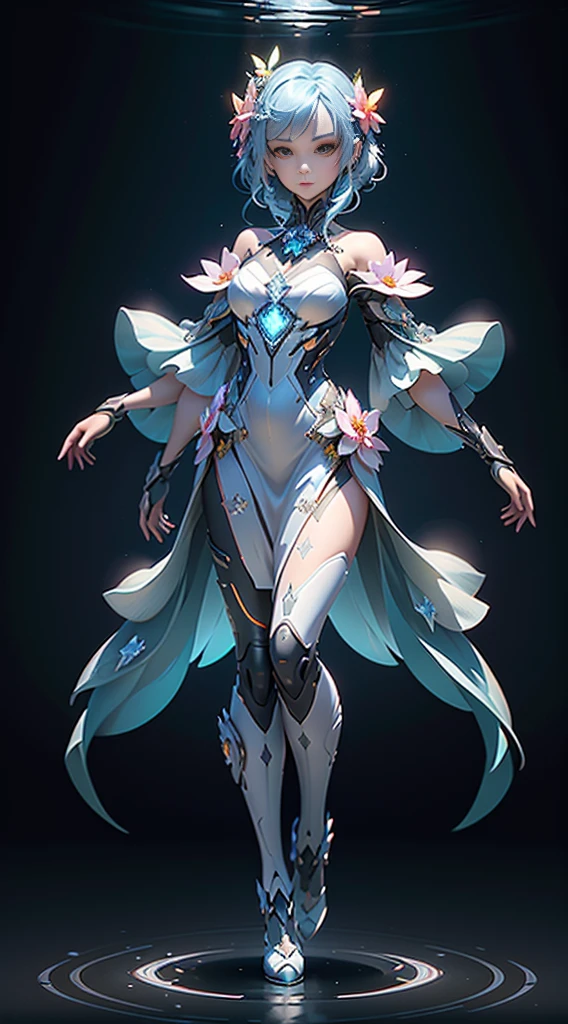 (Blind Box Spielzeug Stil:1.2),full body, solo,white background,(A female robot in a transparent White Lotus dress, wearing gloves and high heels),(Chinese color,Very colorful), Cyberpunk, Dreamy Glow, Luminous neon lamp,3D