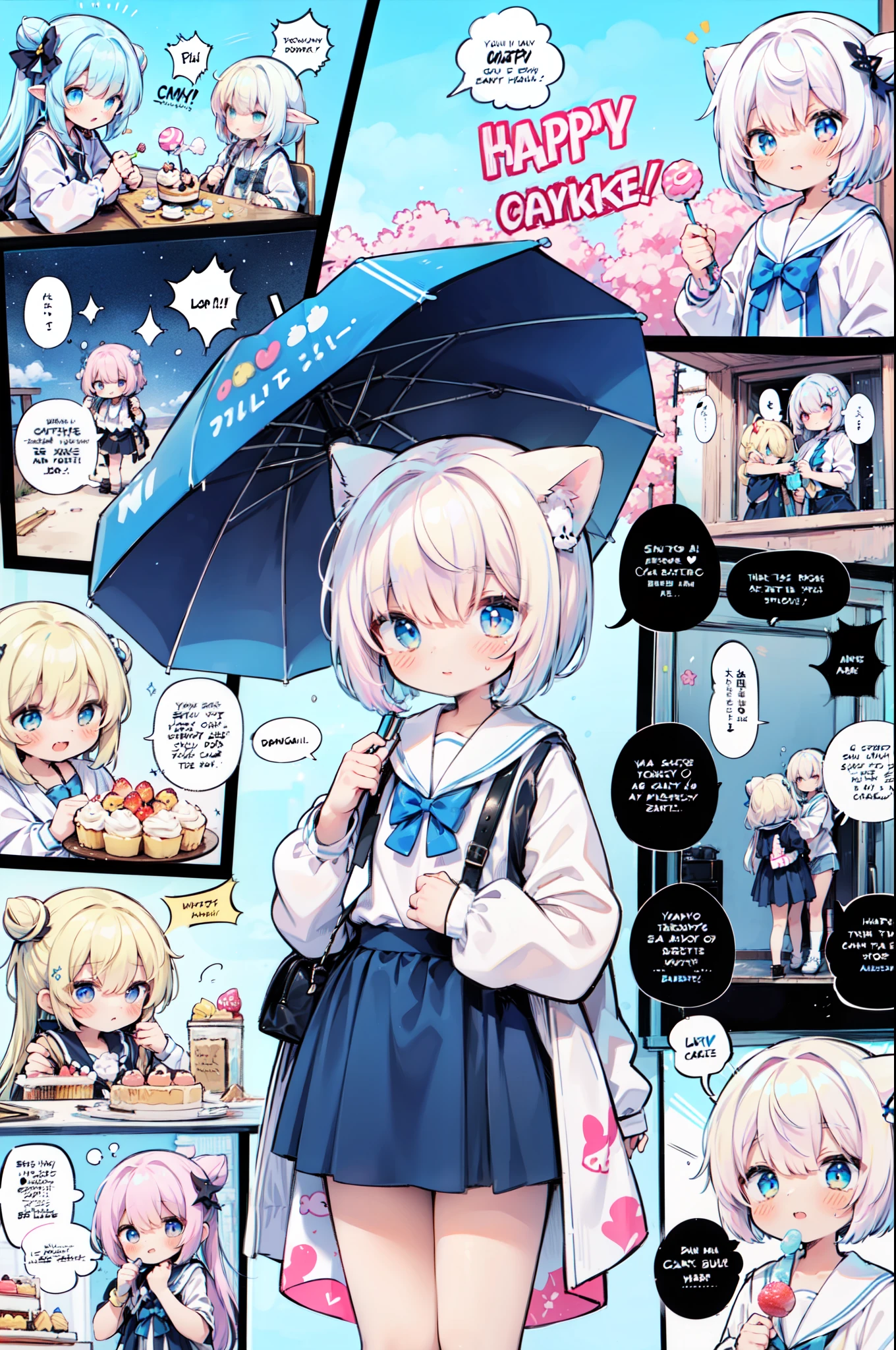 1girl in, ((comic strip))、(Multiple texts)、(Voice bubbles)、Pastel muted colors,holding a pastel umbrella、umbrellas、 (The color palette is yellow:1.2, Blue:1.2, Pink:1.2), (Blue hair bun and blonde), Short Fashion Skirt, Sitting on a throne made of sweets and pastries, For example, donut, sprinkle, candy, lollipop, candy cane, a cake, cupcake, Cake Pop, Ruffles and lace, polka dot, Long bat ears