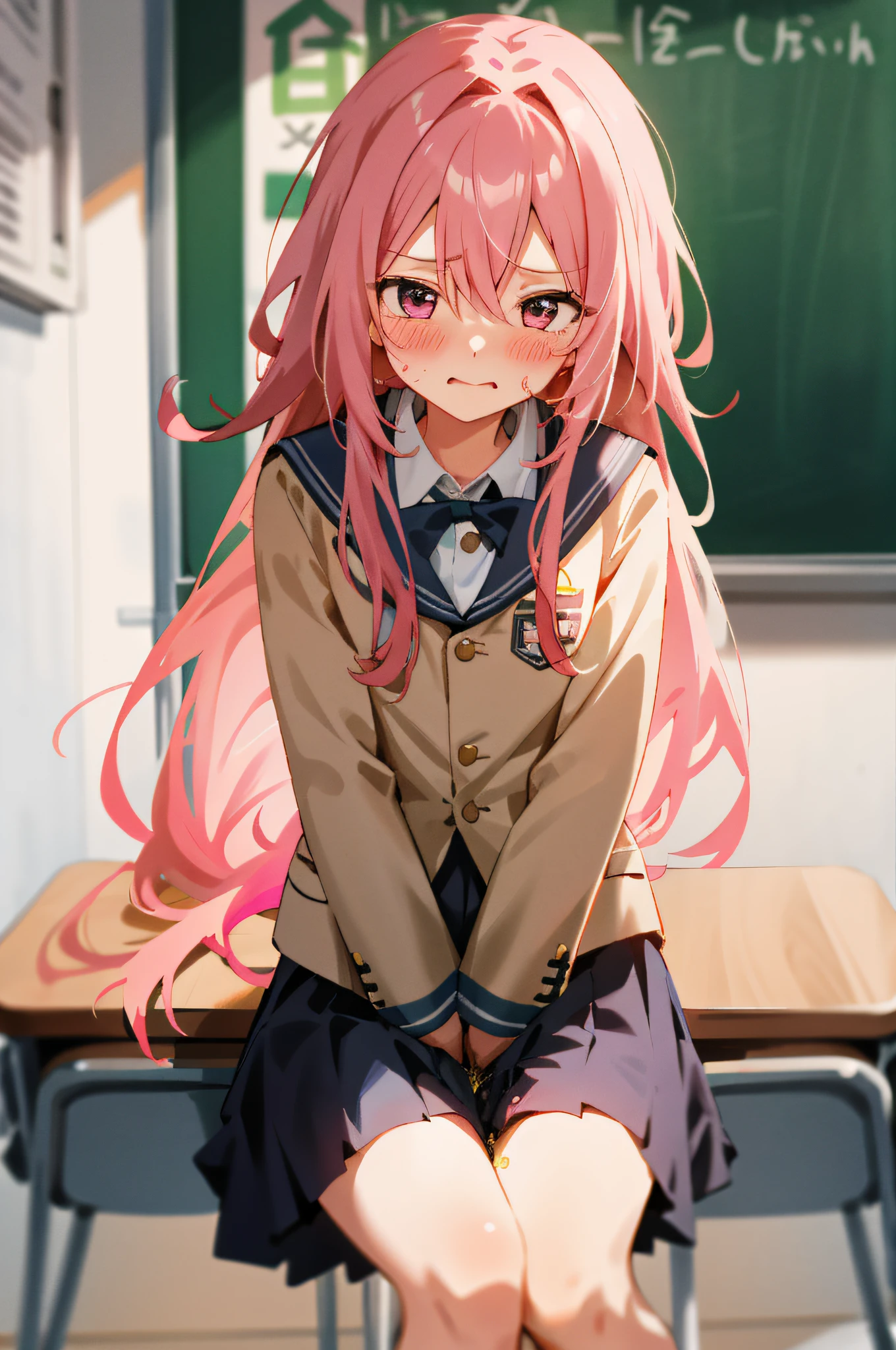 One girl with long hair and uniform, pink hair, looking away, sitting, embarrassed, blushing, mouth small open, classroom (girl leaking pee): 0.4)