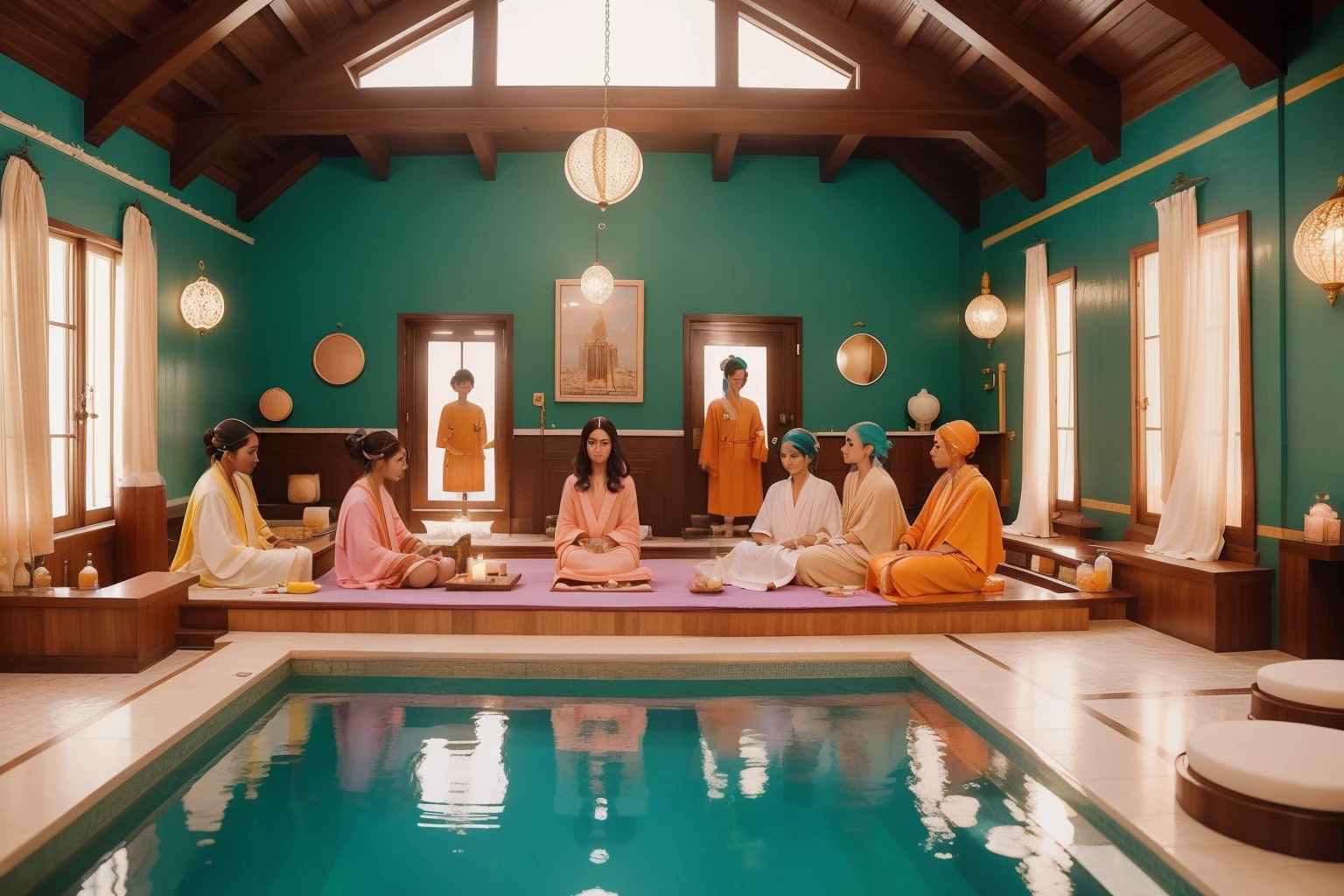 At an otherworldly Wes Anderson spa, guests with unique hairstyles and colorful robes partake in a rejuvenating ritual that promises to transport them to a dreamlike realm of relaxation.