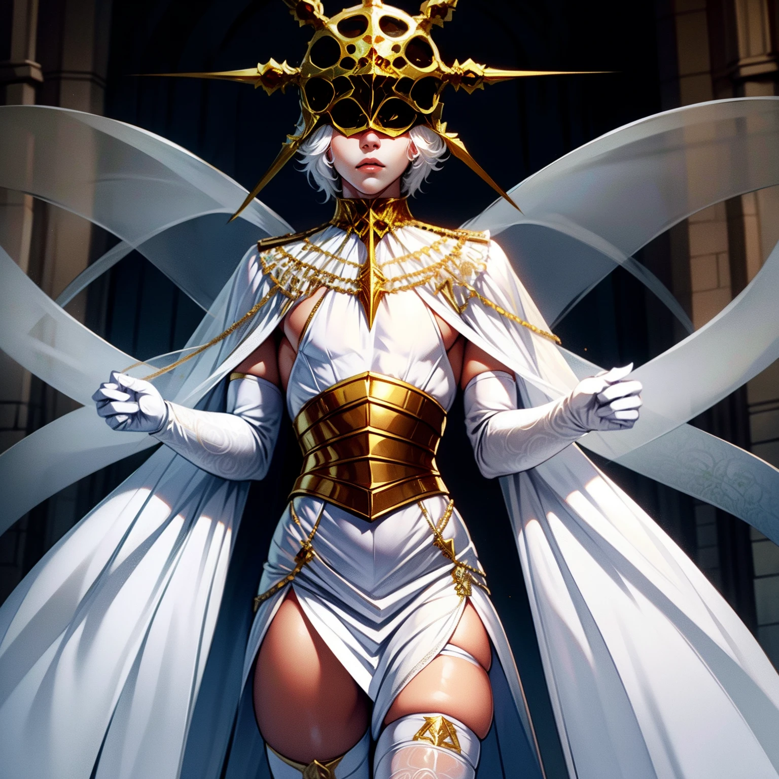 Gywndolin, white hair, androgynous, 1boy, male, femboy, flat-chested, GwyRob, white thighhighs, gold mask, covered eyes, gold jewelry, white elbow gloves, white dress, green snakes, white veil, perfect anatomy, solo