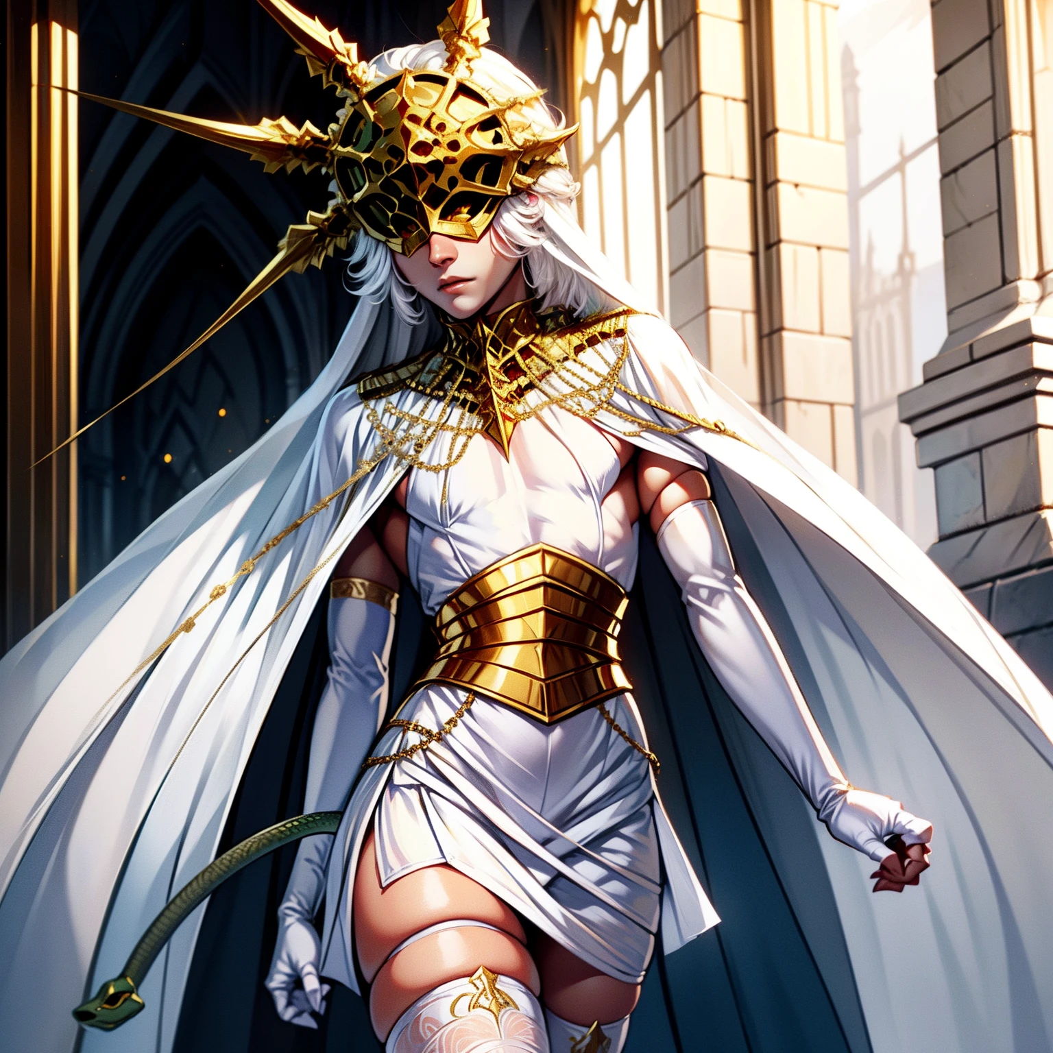 Gywndolin, white hair, androgynous, 1boy, male, femboy, flat-chested, GwyRob, white thighhighs, gold mask, covered eyes, gold jewelry, white elbow gloves, white dress, green snakes, white veil, perfect anatomy, solo