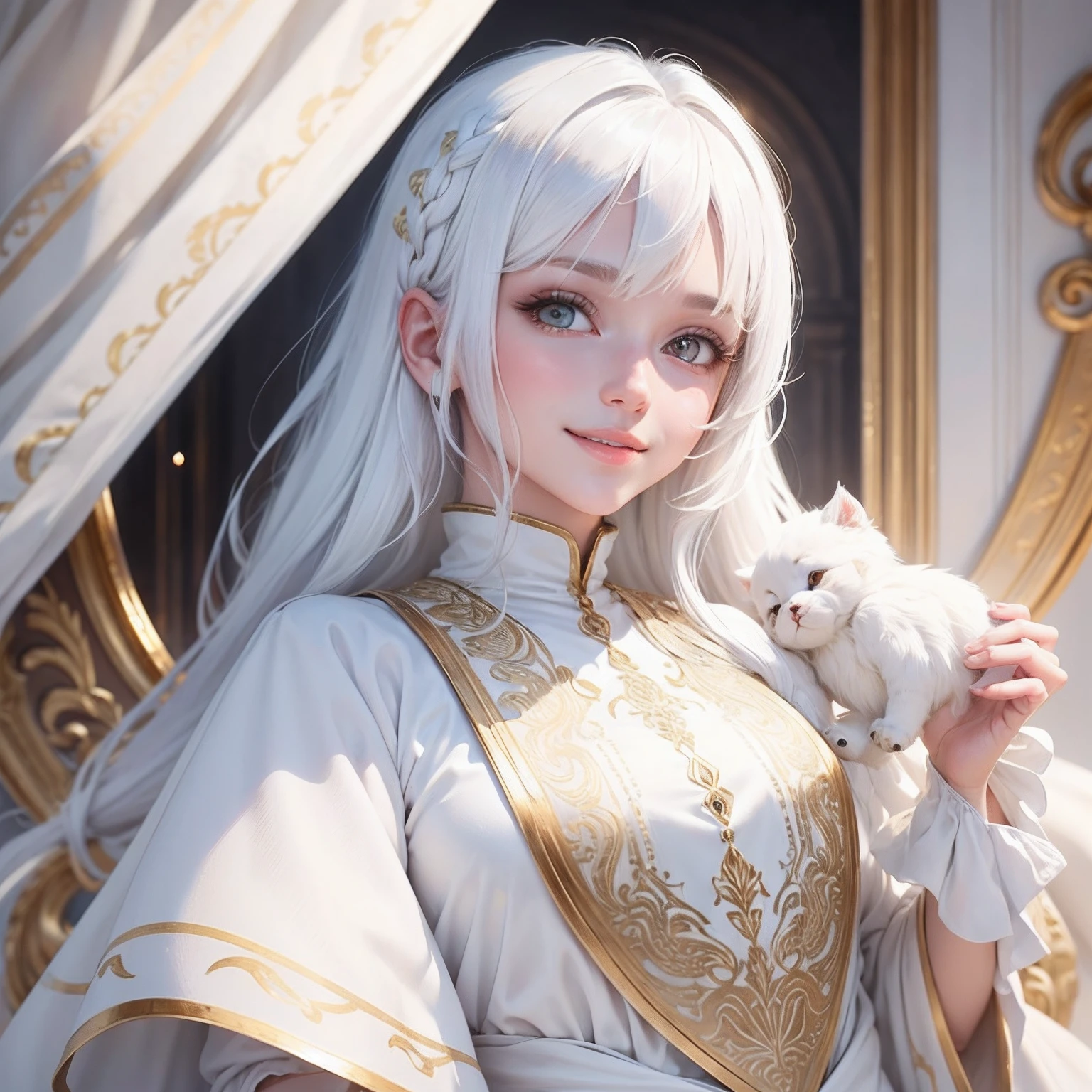 best quality, white hair, gold eyes, white clothes, looking up, upper body, hair strand, Fair skin, smiling,
