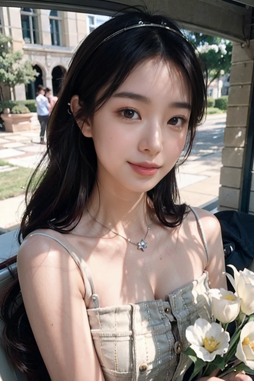 best qualtiy, 超高分辨率, (realisticlying:1.4),cute hairpin,Baoyu Girl, A pair of clear and moving peach blossom eyes,Royal Sister,sunshine on face,with long coiled hair,(ln the forest:1.4),(choker necklace:1.2),(Fair skin:1.4),(full bodyesbian:1.2)a sense of atmosphere,a beauty girl, ssmile,head straight-looking at viewer, closeup cleavage ,(Photorealistic:1.4),1girll,Sexy,(Upper body:1.4),(Wet body),(:1.2)