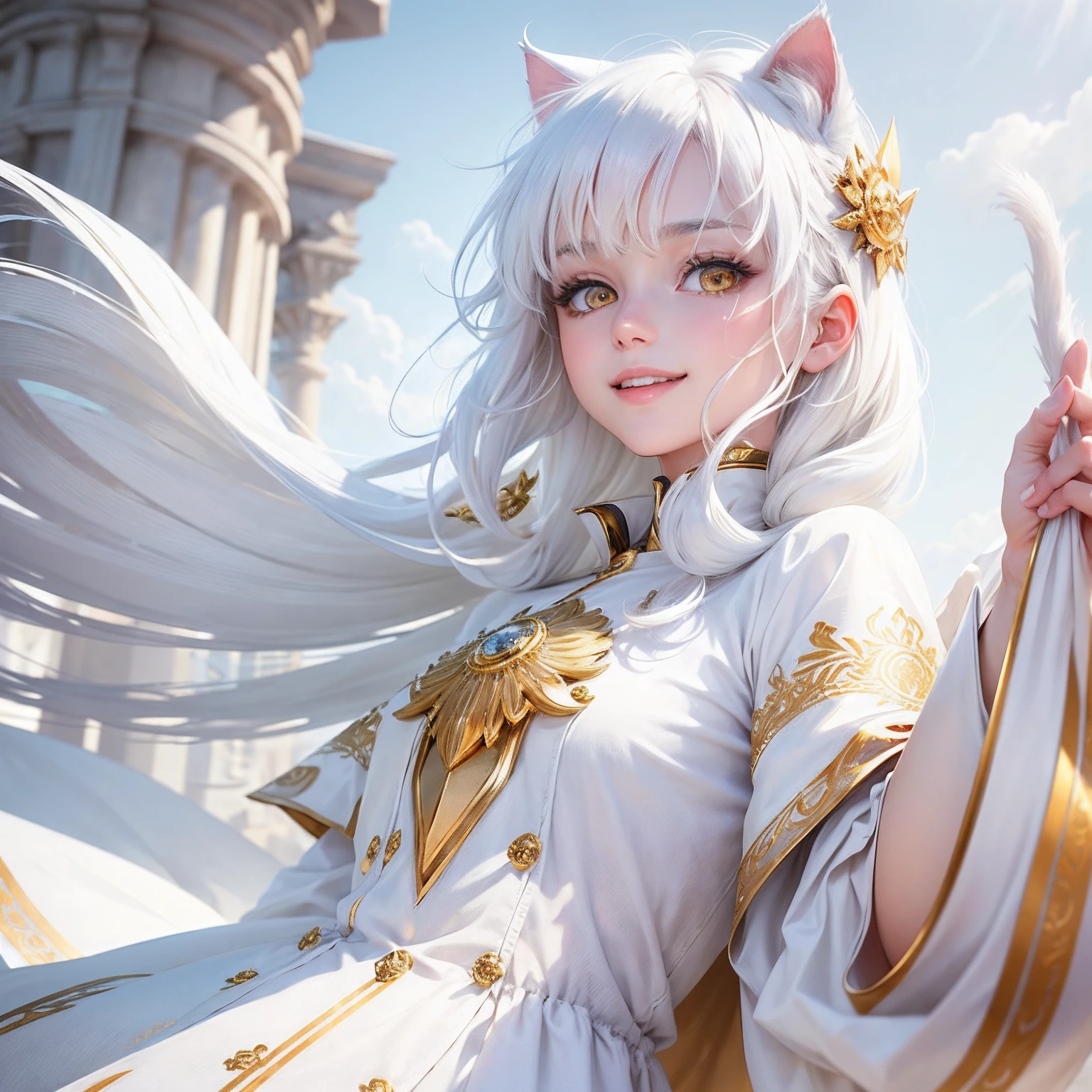 best quality, white hair, gold eyes, white clothes, looking up, upper body, hair strand, Fair skin, smiling, and cat