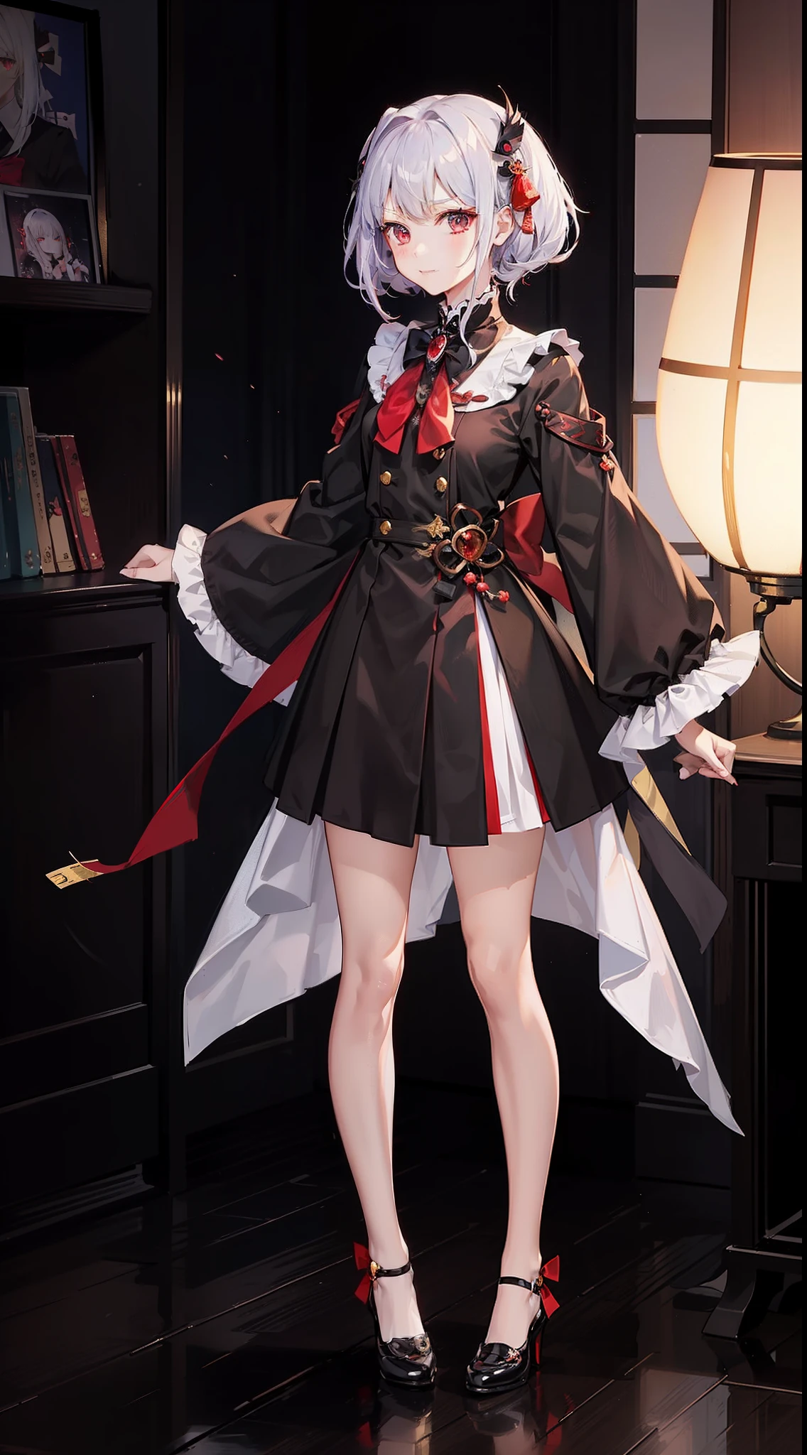 Kaguya-sama: Love Is War art style, female student council, twin hair ribbon on side of short hair, black japanice student uniform, golden ribbon in-front of chest, long stocking, white shoes, cool and cute aura, smirk face, prefect body shape, small breast, red pupil, classroom background, masterpieces, 4k anime wallpaper quality, hyper quality