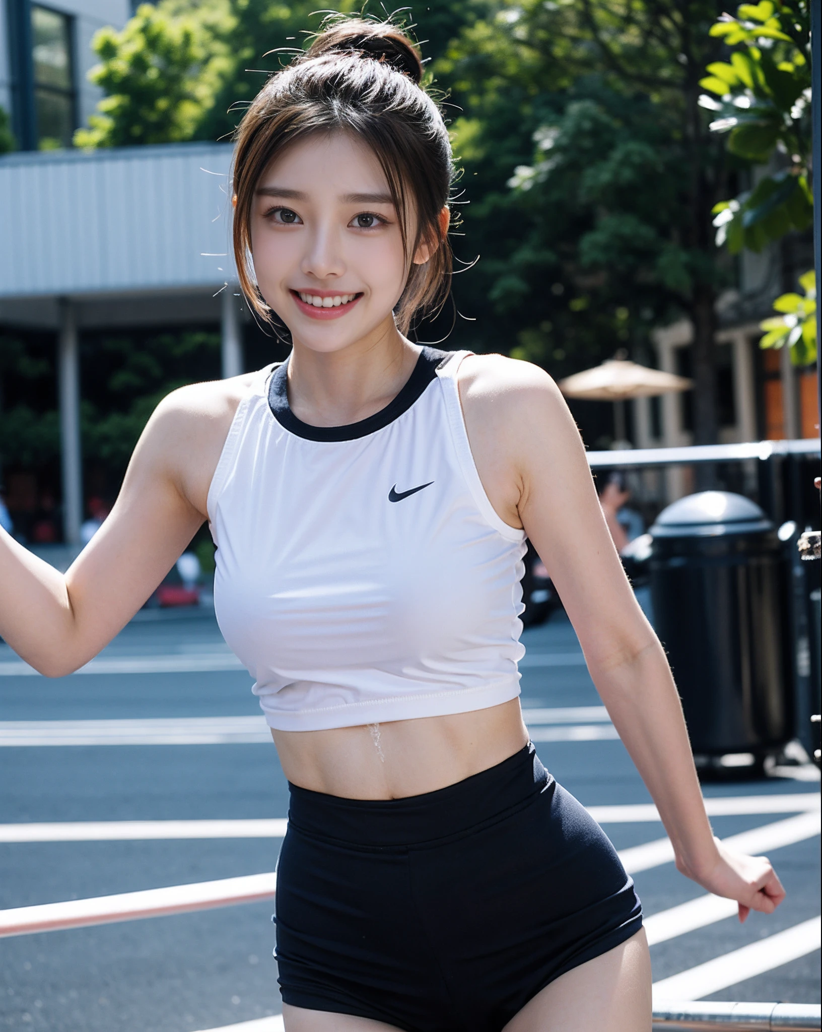 Araffe asian woman in a white top and black shorts posing for a picture ...