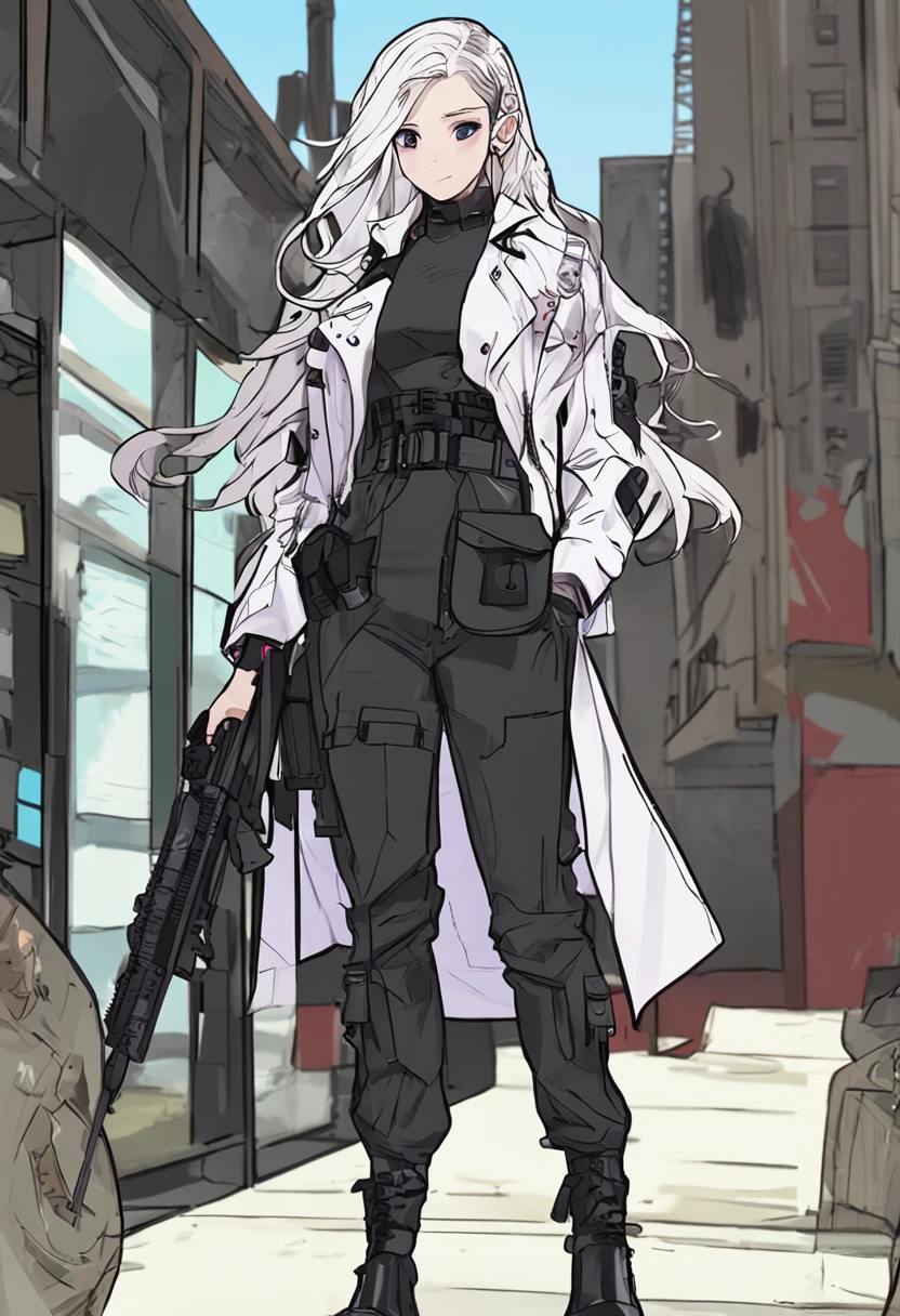 Two-dimensional woman,Long white hair,Bright purple pupils,White trench coat with black armor vest,A tactical belt hangs a black pocket,Black slim trousers with leggings,A pair of black tactical high-top boots