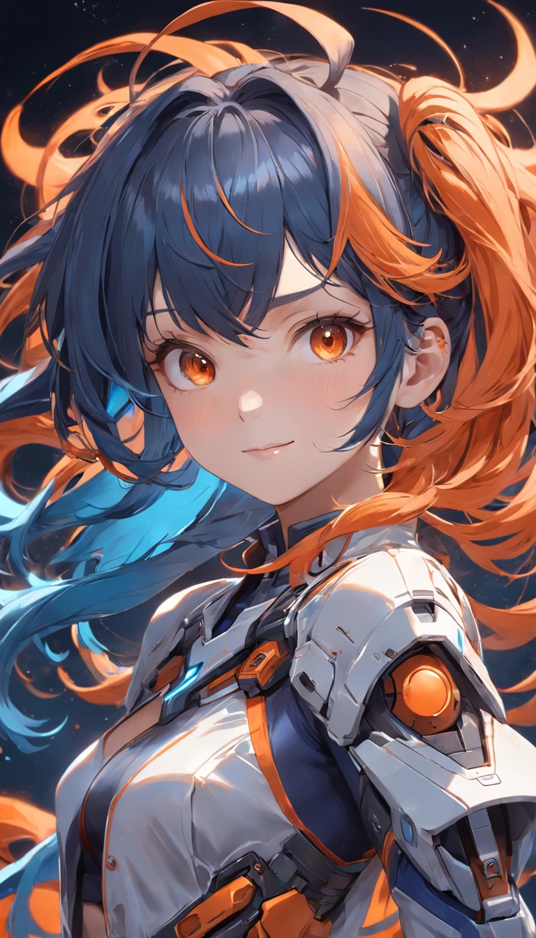 (Dynamic angle:1.4), ((Full body posing:1.5), (colorful:1.2), (extremely detailed CG unity 16k wallpaper:1.1), (Denoising strength: 1.45), (tmasterpiece:1.37), ((official art)), (masterpiece, top quality, official art, beautiful and aesthetic, in center, face front:1) a girl, smile, close-up portrait, and a machine he was using, in the style of orange complexity, dark orange and light gray, abstract-creation, elaborate costumes, crimson and green hair, dark blue winds, cumulonimbus, girls, sapphire, dramatic effects, sense of space, meteors, night sky, Close-up, (masterpiece), best quality