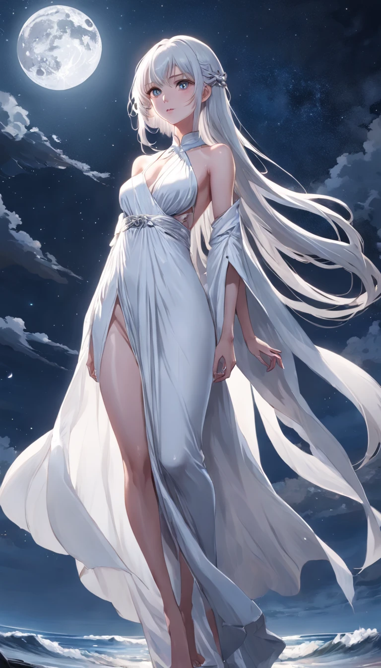 (best qualtiy,tmasterpiece), Beautiful age girl, Beautiful goddess, Sexy goddess, magestic, Robe, white crane, salama, The right hand, A long flowing dress, Slender legs Silver hair, By bangs, Detailed scenes, the night, starrysky, cold light, full moon, ((black in color: 1.4)), ((white colors: 1.1)), ((From below)), ((Orkney shooting))), ((Realistic))