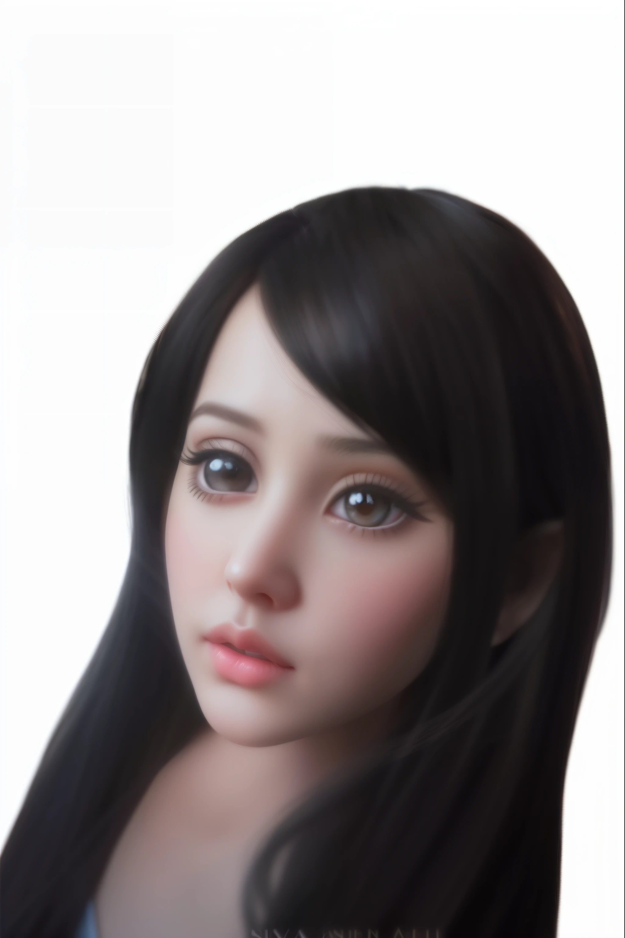 Close-up of a doll with long black hair, realistic person, a baby face, skydoll noa, Half realistic, Semi-realistic, Half realistic, black hair and large eyes, Female with long black hair, single realistic face, realistic face and body hybrid, with detailed facial features, plastic doll, Animatronic Angelina Jolie