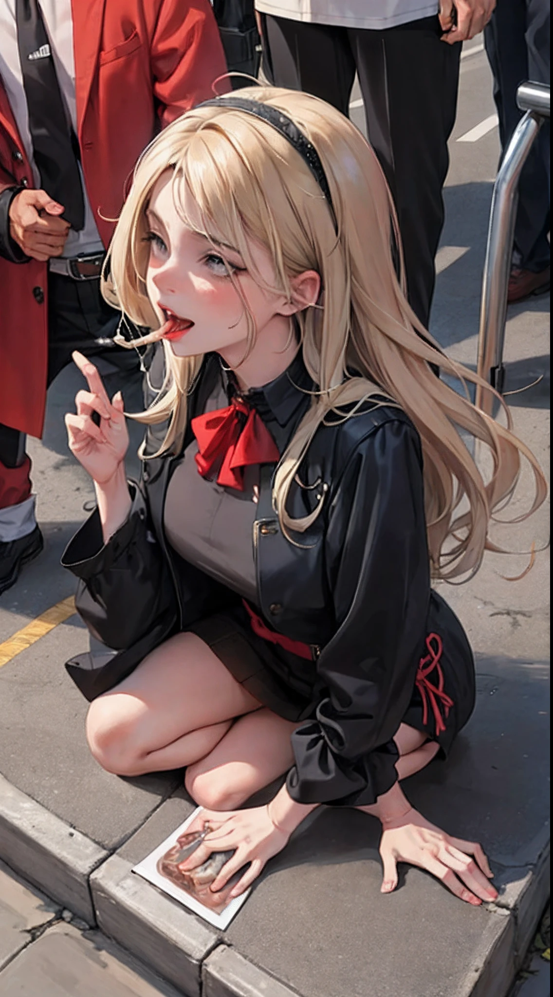 A coquettish slutty , filthy , , bitch kneeling on the ground，Coquettish woman，Mouth burst sperm，Open your mouth to drink urine，Help the man with a handjob