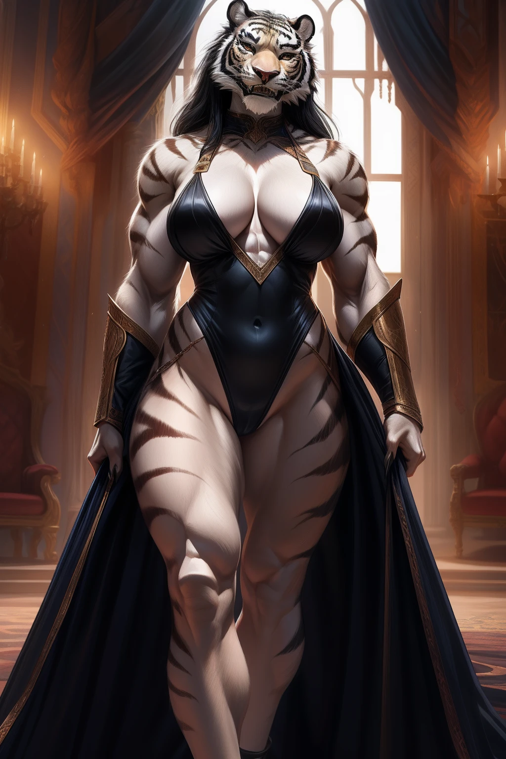 (realistic, high-quality) mature woman transformed into anthropomorphic white tiger. clad in a high cut black leotard that shows off her muscular, toned, hourglass body, along with sexy hips and large bust. she has flowing long black hair. baring both sharp teeth and claws to add to her fierce appearance. the perfect ballance between beauty and beast.