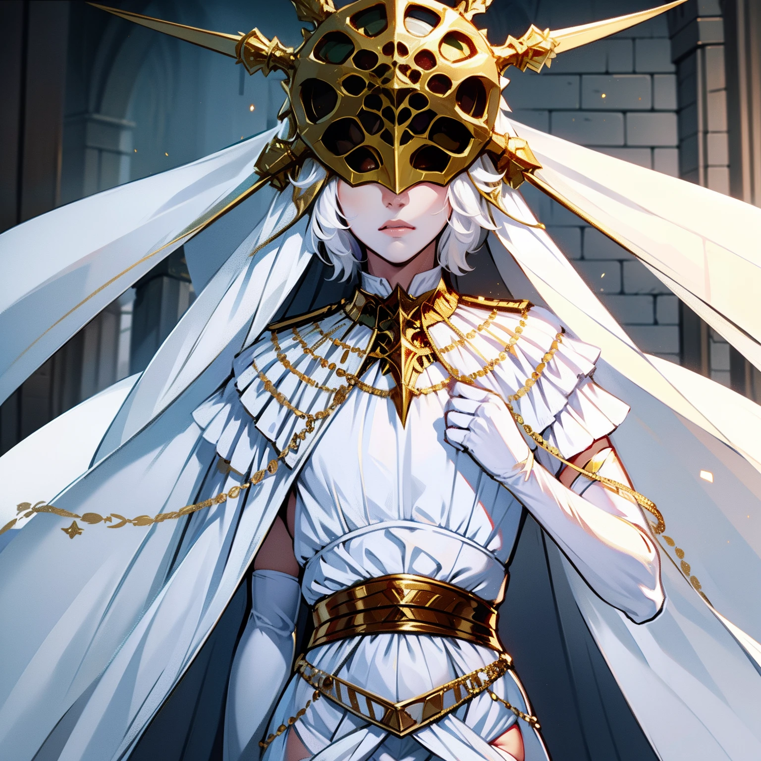 Gywndolin, white hair, androgynous, 1boy, male, femboy, flat-chested, GwyRob, white thighhighs, gold mask, covered eyes, gold jewelry, white elbow gloves, white dress, green snakes, white veil, perfect anatomy, solo