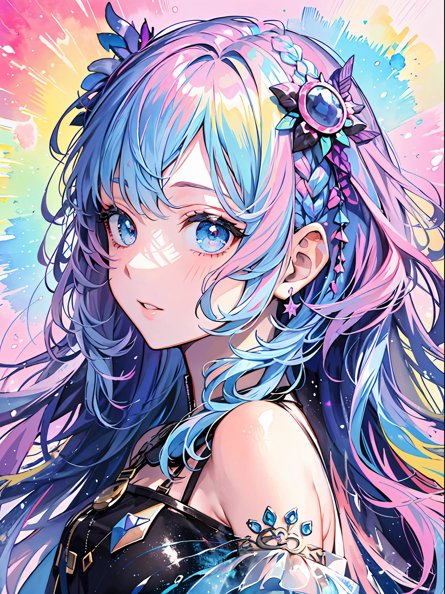 (masterpiece、top-quality、top-quality、watercolor paiting(Curly)、Official art、Beautifully Aesthetic:1.2)、(1girl in:1.3)、(Fractal Art:1.3)、The upper part of the body、From Side、looking at the viewers、patterns、(rainbow-colored hair、colourful hair、Half blue and half pink hair:1.2)、Eau、liquids、clouds、colourfull、starrysky、stele、Splashes of bright colors、Rough kanji、