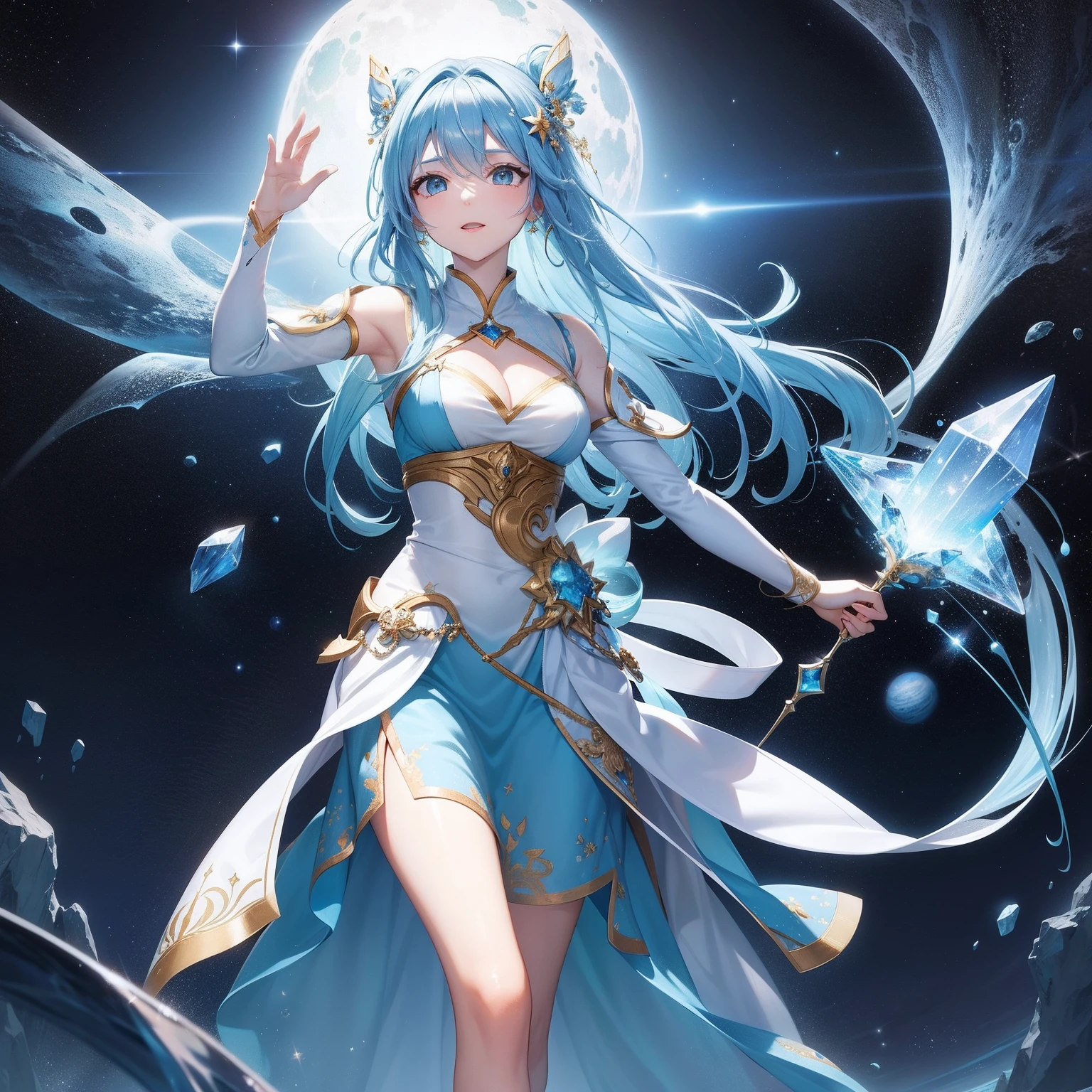 In the middle of the universe, The goddess is sailing in space in all its splendor. With her energy she lights her way, Her beauty brightens everything around her even brighter. Stars, All the beauty of the galaxy and the universe is around her. She wears beautiful white and blue fabric with incredible embroidery, Her endless sky blue hair seems to fly behind her. The light of the crystal is shining。Fantasia