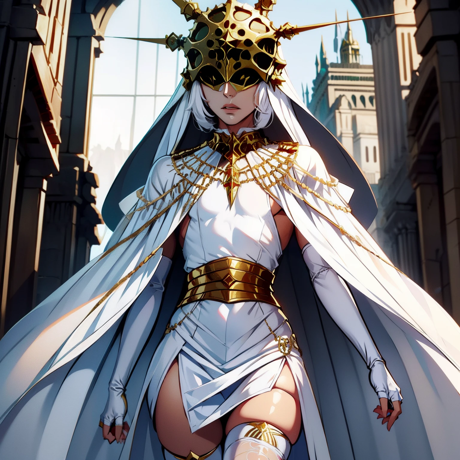 Gywndolin, white hair, androgynous, 1boy, male, femboy, flat-chested, GwyRob, white thighhighs, gold mask, covered eyes, gold jewelry, white elbow gloves, white dress, green snakes, white veil, perfect anatomy, solo