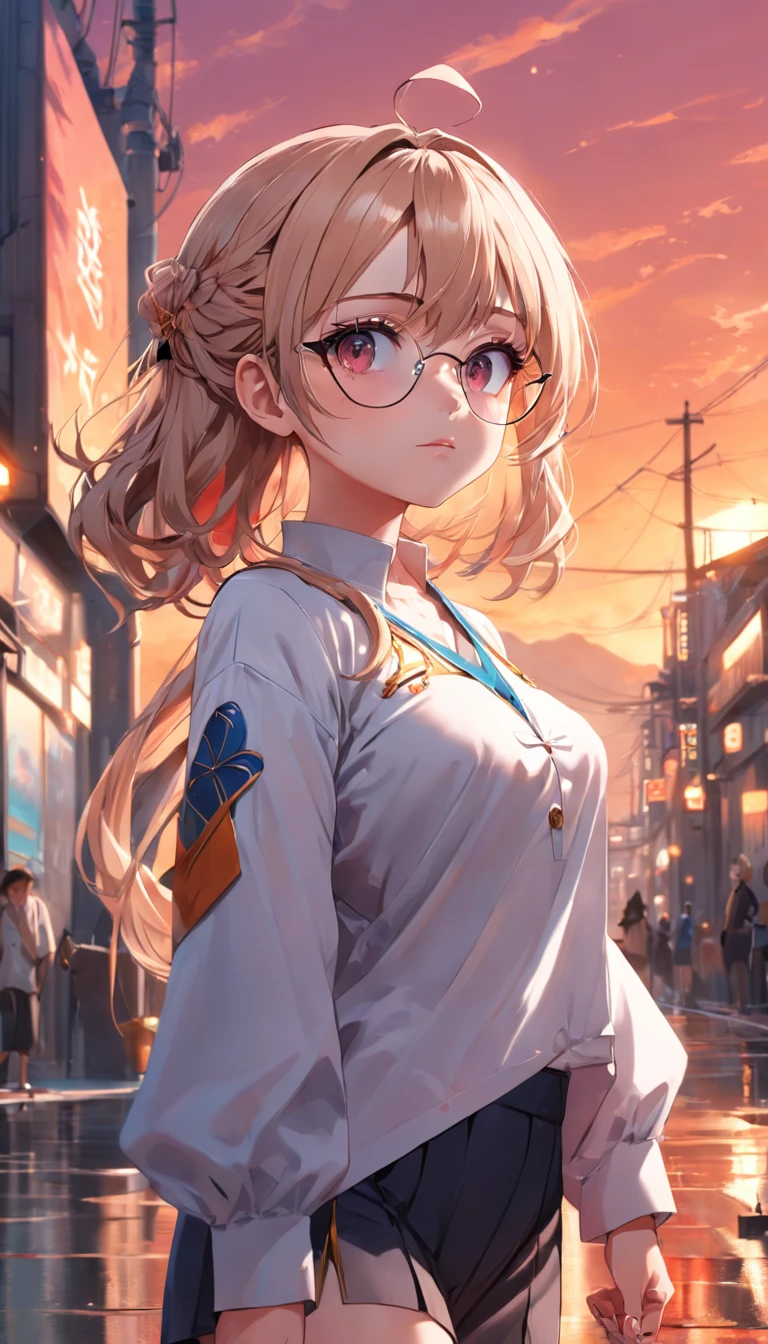 (Dynamic angle:1.4), ((Full body posing:1.5), (colorful:1.2), (extremely detailed CG unity 16k wallpaper:1.1), (Denoising strength: 1.45), (tmasterpiece:1.37), ((official art)), top quality, a drawing of a woman wearing glasses, anime girl, random hair style, beautiful detailed eyes, random uniform, sunset, random view, jewelry, solo, earrings, watch, glasses, gradient, wristwatch, a character portrait, sitting, leaves, long sleeves, red lips, realistic, (masterpiece), (masterpiece)