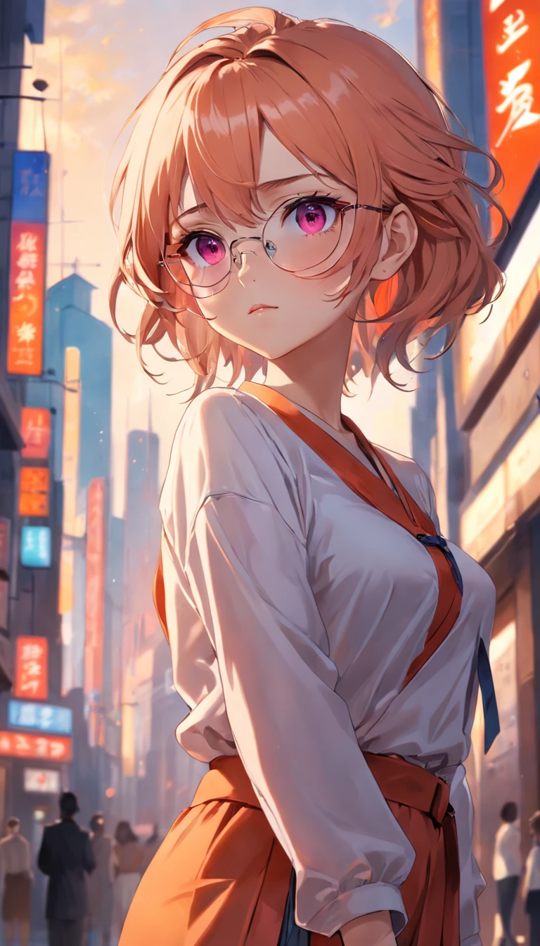 (Dynamic angle:1.4), ((Full body posing:1.5), (colorful:1.2), (extremely detailed CG unity 16k wallpaper:1.1), (Denoising strength: 1.45), (tmasterpiece:1.37), ((official art)), top quality, a drawing of a woman wearing glasses, anime girl, random hair style, beautiful detailed eyes, random uniform, sunset, random view, jewelry, solo, earrings, watch, glasses, gradient, wristwatch, a character portrait, sitting, leaves, long sleeves, red lips, realistic, (masterpiece), (masterpiece)