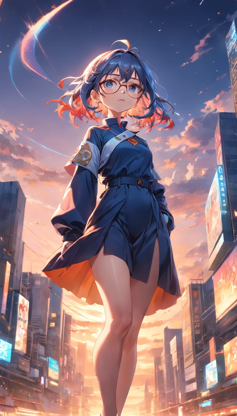 (Dynamic angle:1.4), ((Full body posing:1.5), (colorful:1.2), (extremely detailed CG unity 16k wallpaper:1.1), (Denoising strength: 1.45), (tmasterpiece:1.37), ((official art)), top quality, a drawing of a woman wearing glasses, anime girl, random hair style, beautiful detailed eyes, random uniform, sunset, random view, jewelry, solo, earrings, watch, glasses, gradient, wristwatch, a character portrait, sitting, leaves, long sleeves, red lips, realistic, (masterpiece), (masterpiece)