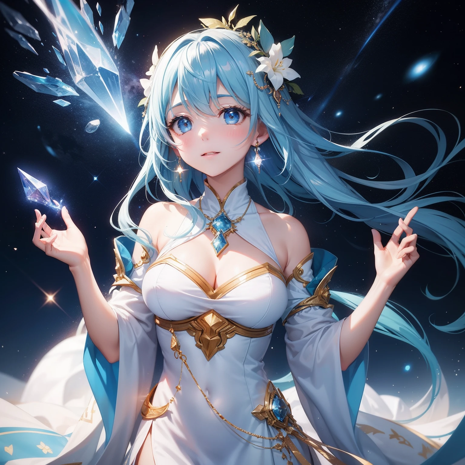 In the middle of the universe, The goddess is sailing in space in all its splendor. With her energy she lights her way, Her beauty brightens everything around her even brighter. Stars, All the beauty of the galaxy and the universe is around her. She wears beautiful white and blue fabric with incredible embroidery, Her endless sky blue hair seems to fly behind her. The light of the crystal is shining。Fantasia