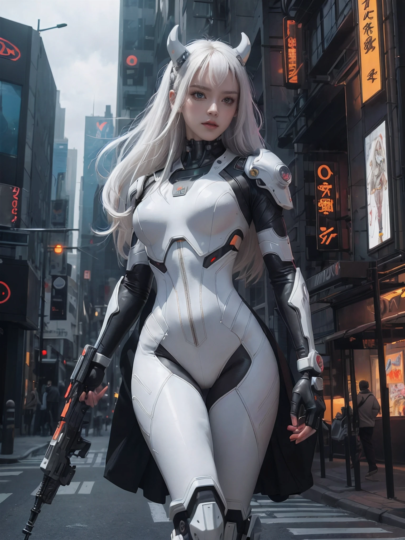 1girl, a beautiful girl cyborg cyberpunk with a cyberpunk scape tall buildings, white hair, cyber mask, cyber horn, white and orange and black machine suit color combination, the sky big planet, sky galaxy, the body full of machine, realistic futuristic hologram, asian skin tone, beautiful eye, beautiful asian face, cyber ear machine, suits is solid mecha, realistic machine, sci fi scape, manipulation is a masterpiece, long hair, masterpiece, suit of cyberpunk, realistic sci fi building texture mecha aestethic, digital cyberpunk, looming over a city, cyber technology, realistic hair, lots of hair, white of hair, realistic metal solid texture of building, realistic neon glow, realistic neon sign, wonderful side lighting, realistic futuristic cyberpunk building, realistic girl robot cyberpunk, fog, foogy, masterpiece of detail, RAW IMAGE, depth of field, point of interes, depth of field is masterpiece, best photography composition masterpiece, natural realistic hair, rule of third masterpiece photography, natural lighting, photography masterpiece natural lighting from side, realistic skin texture, strong reflection, ( pose pinterest) masterpiece beautiful, Devil Horns, smooth pixel, ray of light, soft light, small breasts, mastepiece of cyber mask, masterpiece fantasy gun, carry a fantasy weapon, weapon fantasy (artstation)