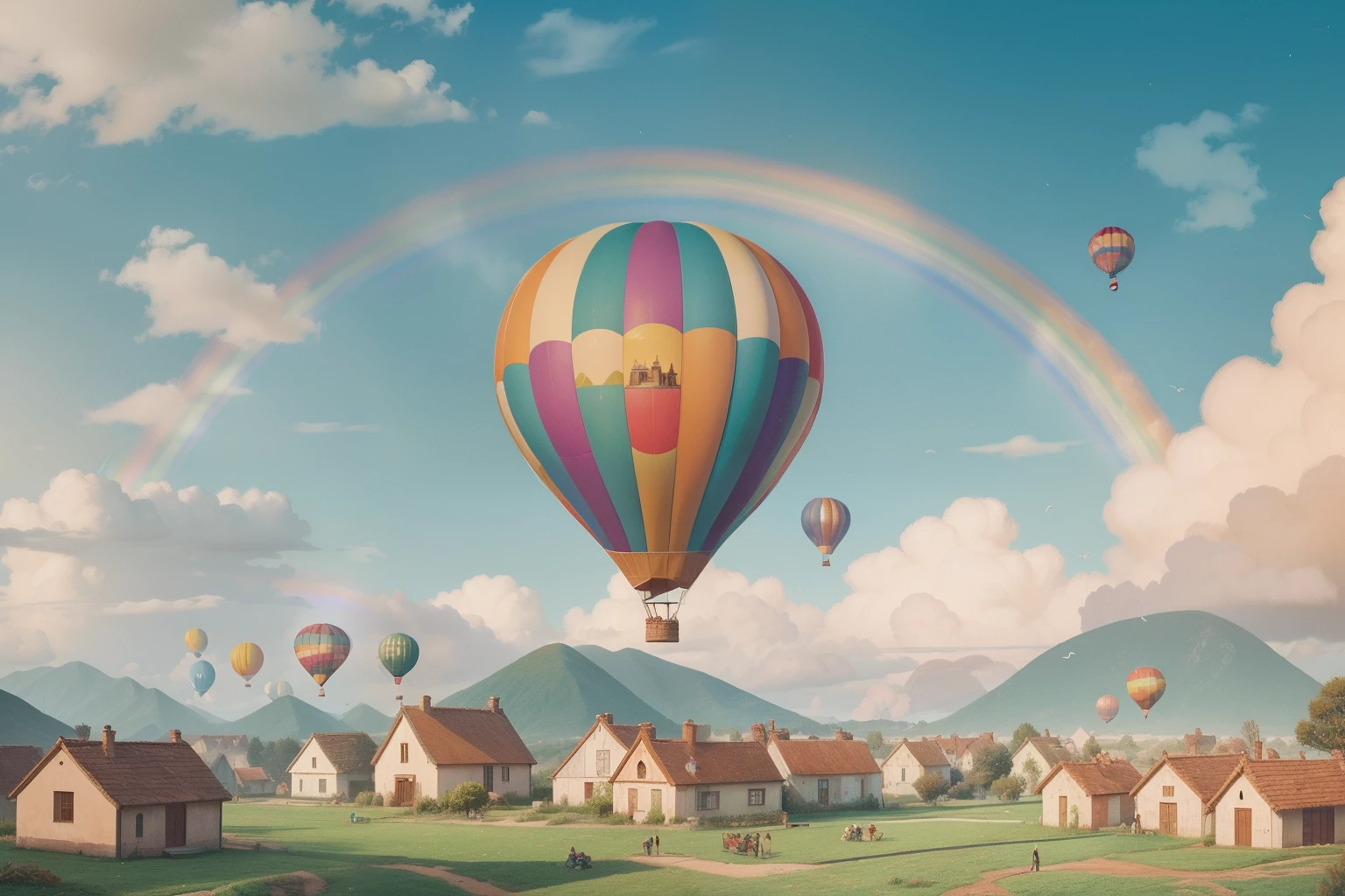 In a whimsical Wes Anderson countryside, a pastel-hued village unfolds beneath the towering expanse of a rainbow-hued hot air balloon, with tiny people in the distance going about their daily routines.