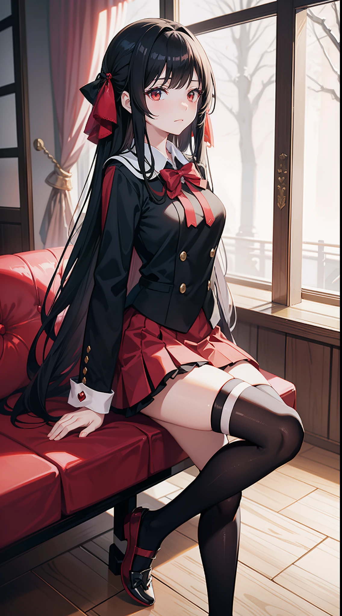 Kaguya-sama: Love Is War art style, kaguya shinomiya, female student council, twin hair ribbon on side of black hair, black japanice student uniform, golden ribbon in-front of chest, long stocking, white shoes, cool and cute aura, smirk face, prefect body shape, small breast, red pupil, classroom background, masterpieces, 4k anime wallpaper quality, hyper quality