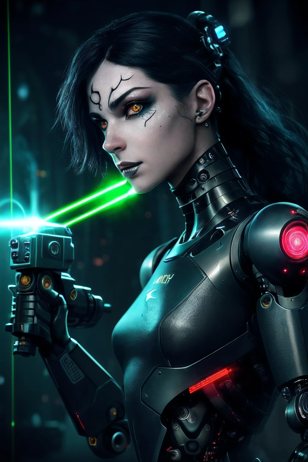 (highly detailed:1.2),(best quality:1.2),8k,sharp focus,(subsurface scattering:1.1),(nsfw:1.1), (award winning photograph:1.2),1girl, (many many detailed black tattoos on face:1.2), by emb-rrf-low,(many many thick black dark tattoos on body nose and eyes:1.2),(close shot:1.2), (separation of face segments:1.1), (deep seams on face and body:1.2)
(beautiful cyborg with scifi laser gun:1.3), (shooting lasers at enemy robots:1.3), (dynamic action pose:1.2),  neon glow under the skin
(very detailed clothes:1.2), (highly detailed background:1.3), RPG, Elden Ring, (scifi:1.2), (hyperrealistic:1.2), dramatic lighting,artstation, artgerm, greg rutkowski, alphonse mucha, trending on artstation, trending on deviantart, wlop
