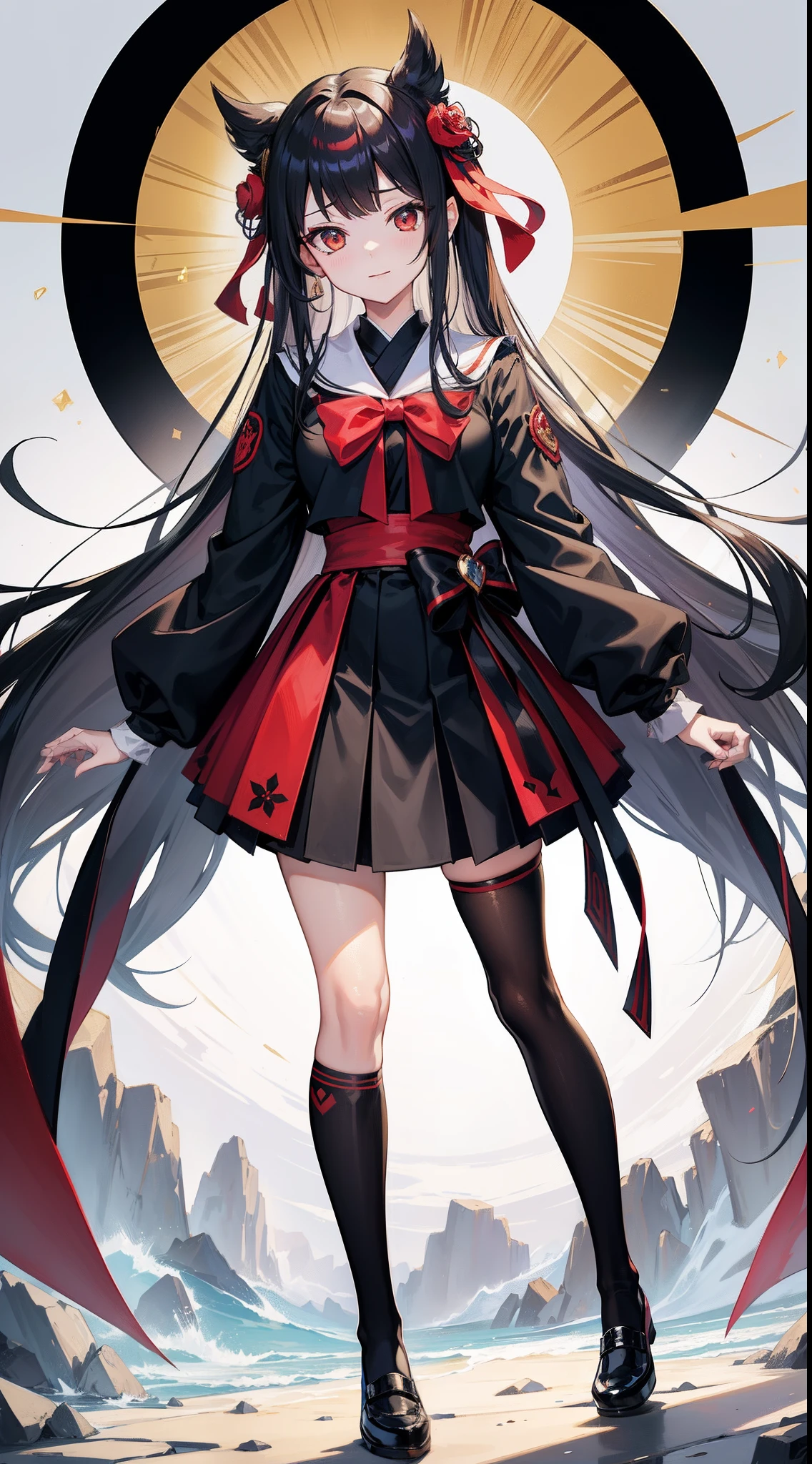 Kaguya-sama: Love Is War art style, kaguya shinomiya, female student council, twin hair ribbon on side of black hair, black japanice student uniform, golden ribbon in-front of chest, long stocking, white shoes, cool and cute aura, smirk face, prefect body shape, small breast, red pupil, classroom background, masterpieces, 4k anime wallpaper quality, hyper quality