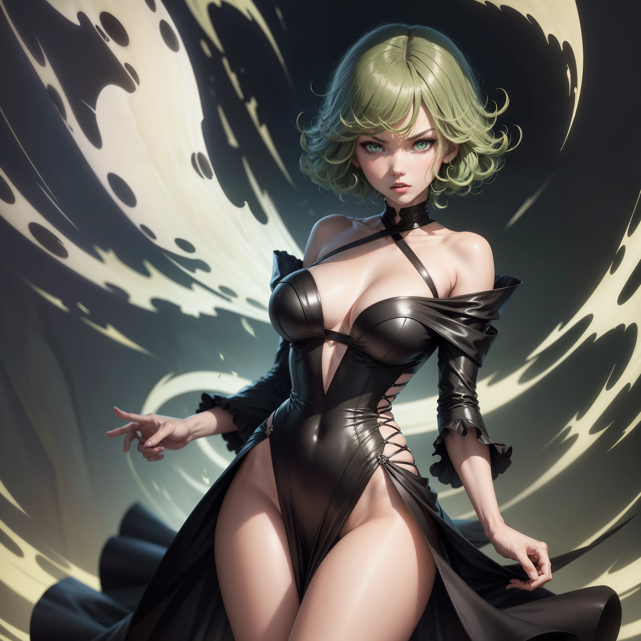 Tatsumaki anime, tornado, looking at viewer, angry, attack pose, Full body, detailed legs,short hair, bangs, green hair, green eyes, detailed eyes, collarbone, thighs, parted lips, green hair, long sleeves, black dress, pelvic drape, side slit, curly hair, flipped hair, open hand, reaching out, long black dress, Full HD, 16k, Vibrant colors, super detailed, ultra sharp