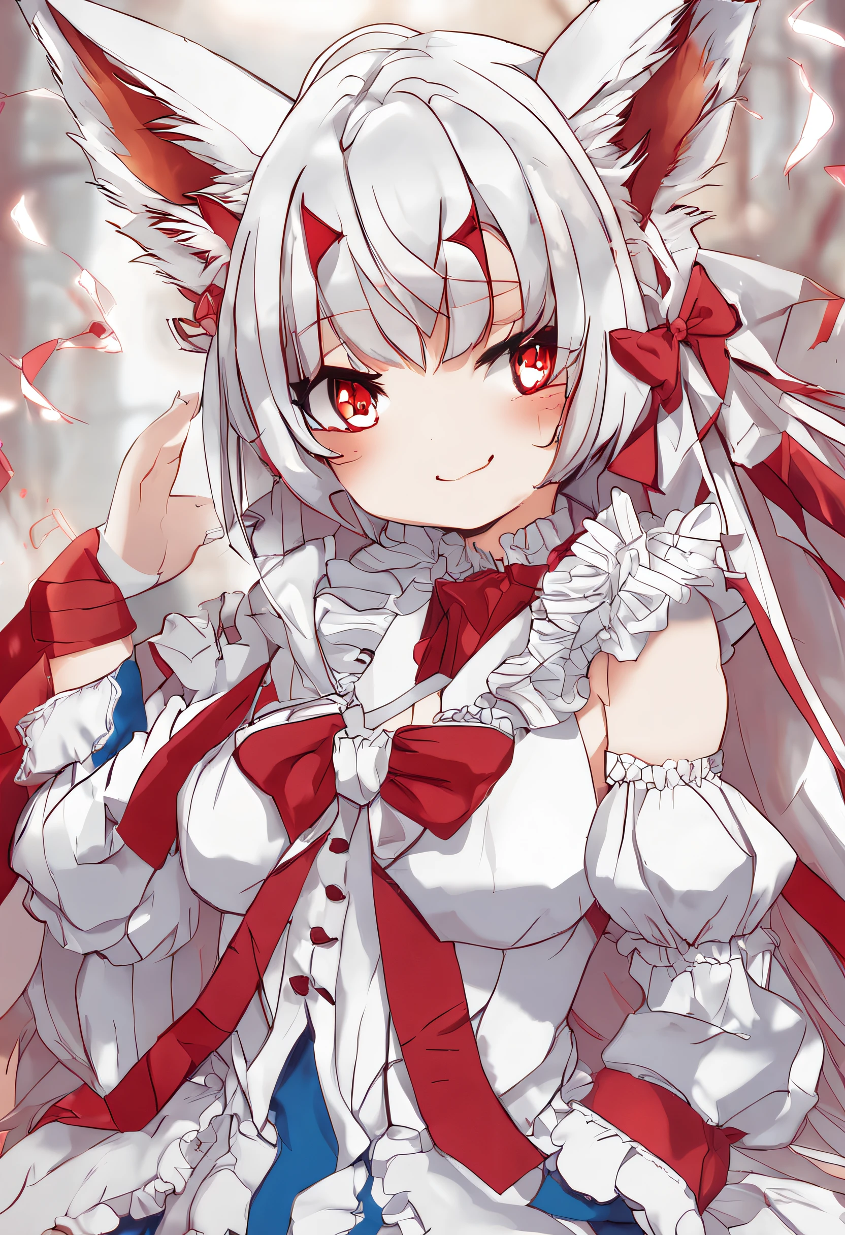 Fox ears，sliver long hair，Half tied double ponytail，Lori huge breasts cleavage，Red pupils，Red and white Lolita，Scythe in hand