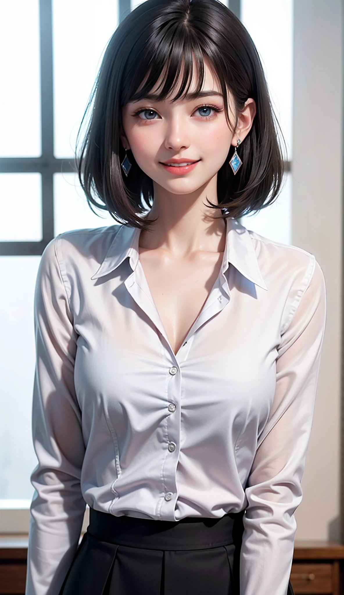 (high-level image quality、high-detail、hightquality、hight resolution、Draw everything in high resolution)、Intense crystal light blue eyes、Very nice little diamond-shaped earrings、Look firmly at the camera、Put your ears out、Put out both ears、Beautiful short black hair、Beautiful very short beautiful hair with bangs、beautiful decollete、Beautiful 28 years old、lipgloss、long neck、Happy smile、Beautiful teeth alignment、Beautie、Pretty Woman、Open collar white business shirt、Smile at your audience、Beautiful teeth、Beautiful teeth alignment、Very small face、tall supermodel、Supermodel with broad shoulders